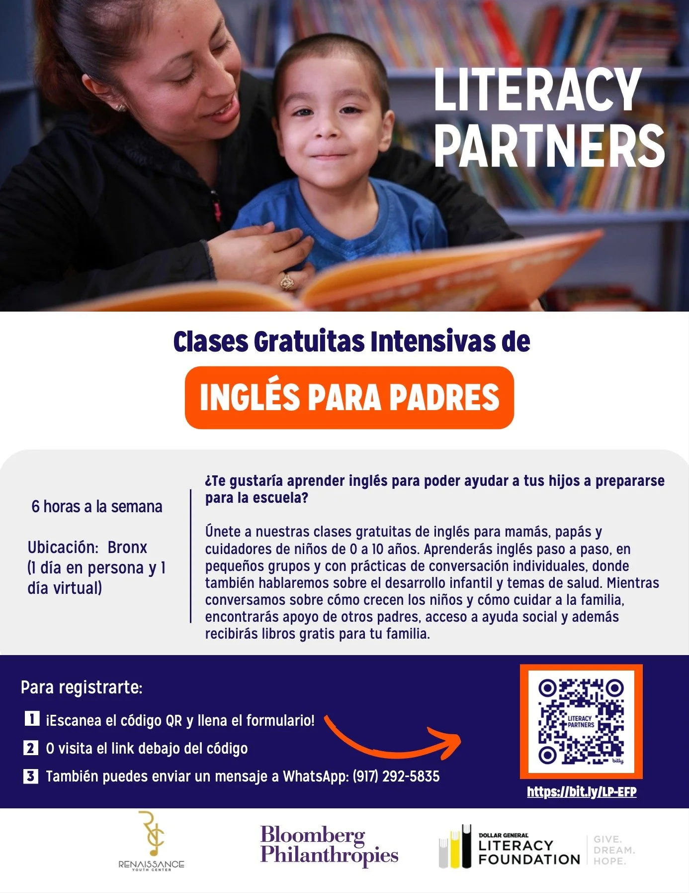 ¿Te gustaría aprender inglés para poder ayudar a tus hijos a prepararse para la escuela?
Únete a nuestras clases gratuitas de inglés para mamás, papás y cuidadores de niños de 0 a 10 año