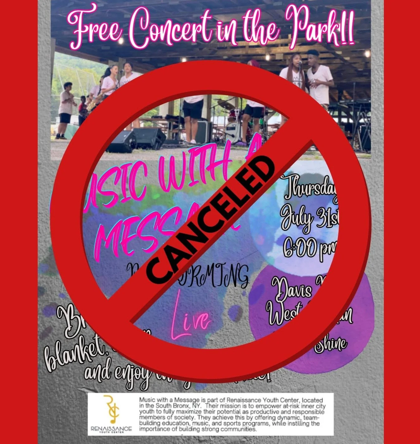 Unfortunately, today's show has been canceled due to the predicted weather.