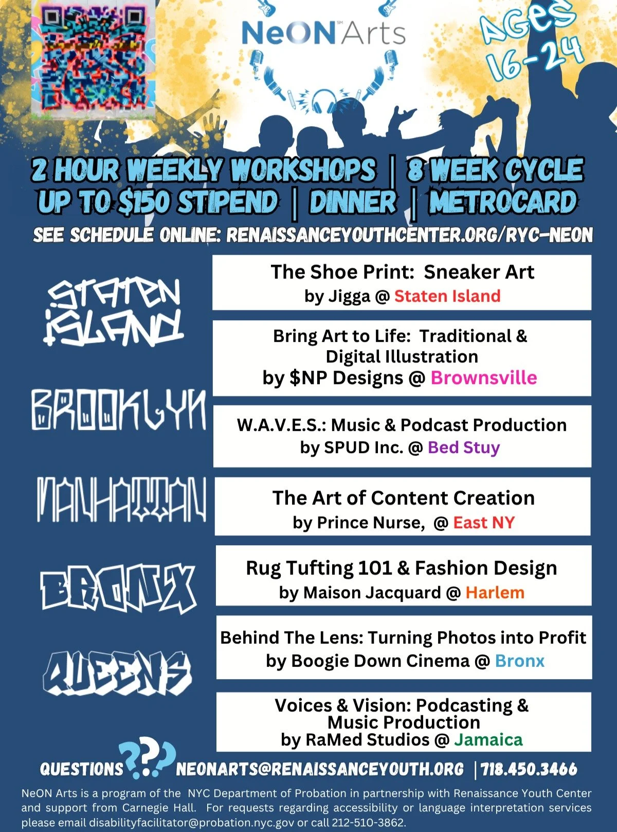 If you are between the ages of 16-24, register now for NeON Arts Fall Cycle!
#neonarts #renaissanceyouthcenter #arts #nyc #paid #shoeart #musicproduction #podcast #contentcreation #tufting #film