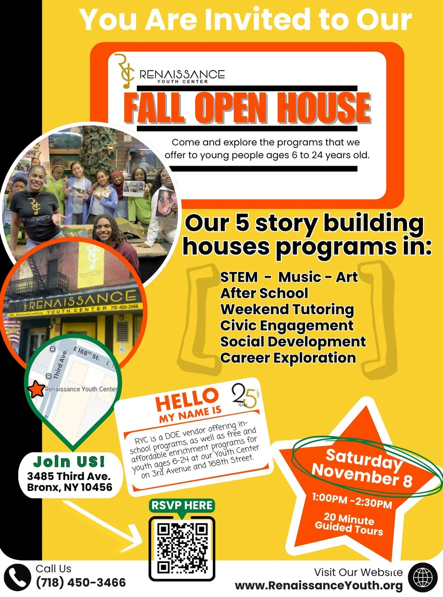 You&rsquo;re invited! Join us for our Open House this Saturday, November 8th from 1:00&ndash;2:30 PM!

Come see all the amazing programs we offer &mdash; from Music and STEM to Civic Engagement and Social Development &mdash; for ages 6&ndash;24.

Don