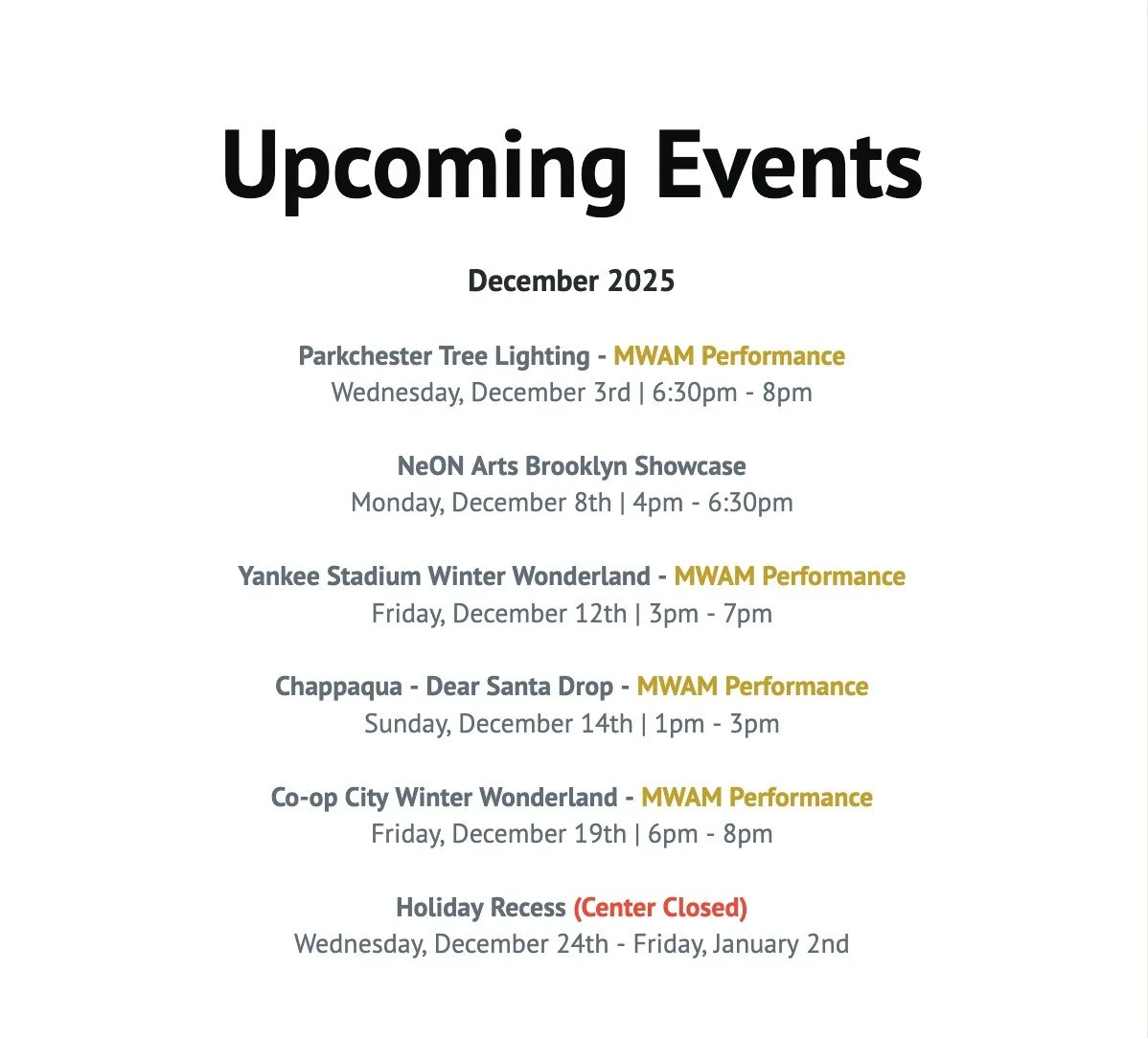 December&rsquo;s packed over here at RYC!

Peep our lineup of events and come through to support, vibe, and enjoy the festivities!

#neonarts #mwam #treelighting #showcase #ᴡɪɴᴛᴇʀᴡᴏɴᴅᴇʀʟᴀɴᴅ #yankeestadium @yankeestadium #dearsanta #coopcity #holiday 