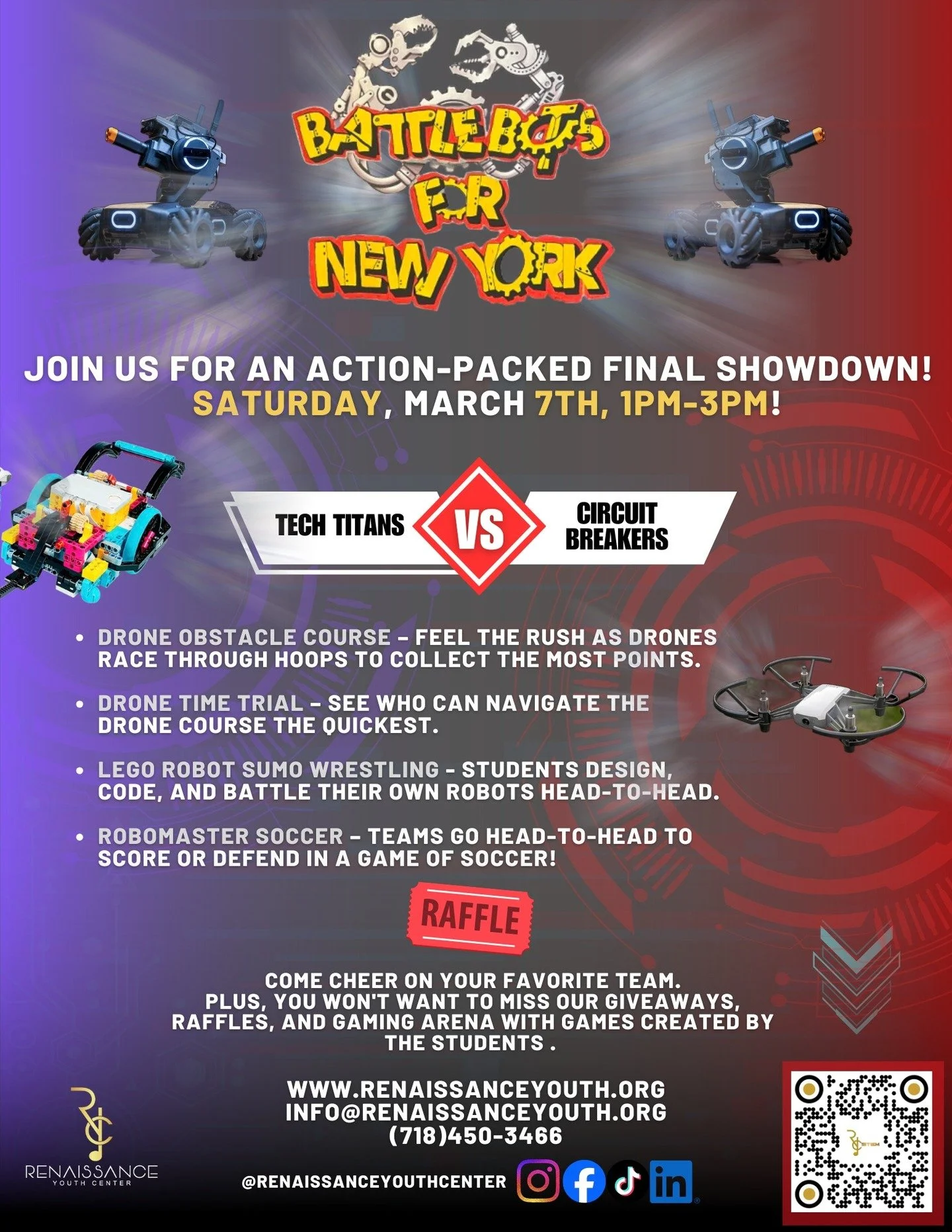 Join us March 7 from 1&ndash;3PM for an epic STEM showdown.

Team Tech Titans vs. Team Circuit Breakers go head-to-head in Drone Piloting, LEGO Sumo Wrestling, RoboMaster Soccer &amp; more! 

Watch these students put their coding, engineering, and pi