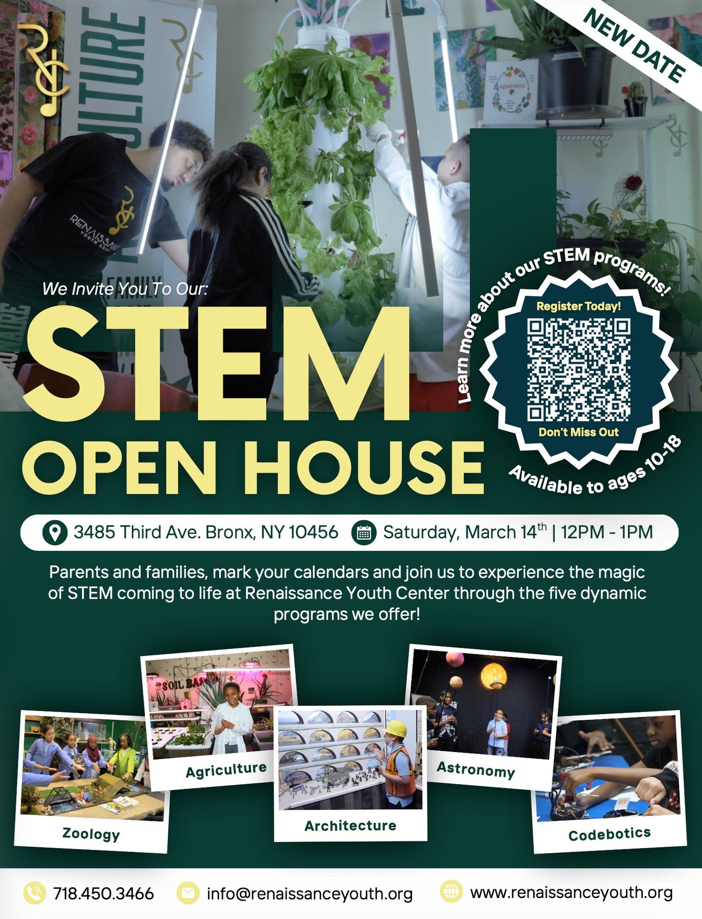 New Date Alert! 

The RYC STEM Open House has been rescheduled to March 14th from 12PM&ndash;1PM!

Come explore our hands-on STEM programs, including Zoology, Architecture, Agriculture, Astronomy, Coding, and Robotics.

Discover what makes learning a