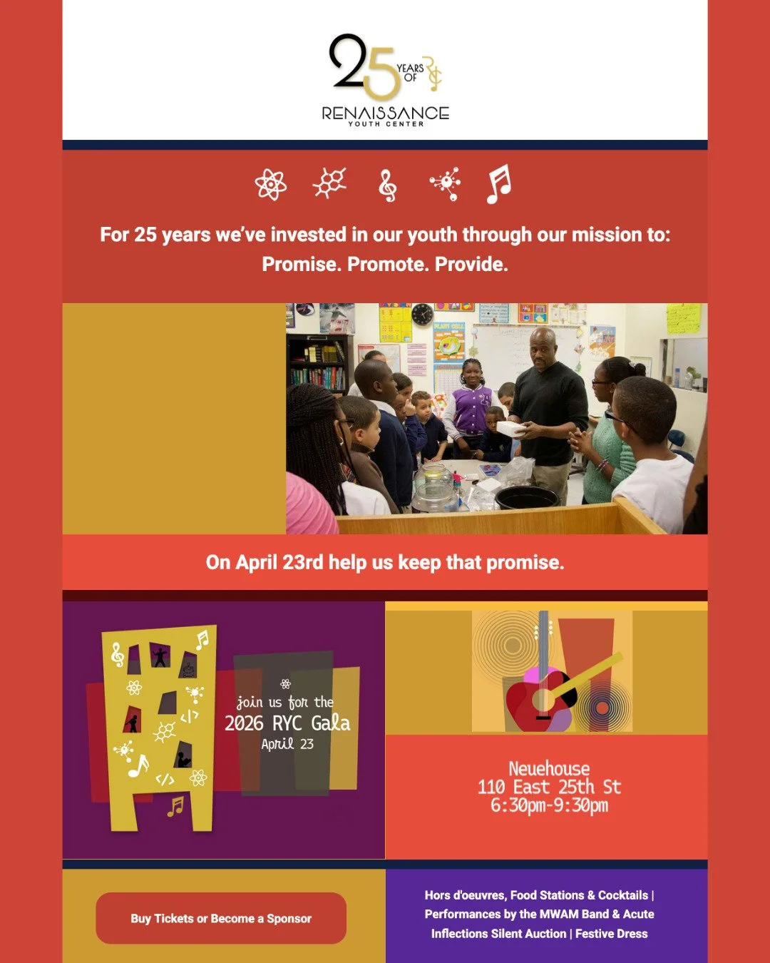 For 25 years, we've invested in our youth through our mission to: Promise. Promote. Provide. 

On April 23rd help us keep that promise.

Join us April 23rd, 6:30&ndash;9:30pm at @neuehouse for a night of food, live performances by @acuteinflections a