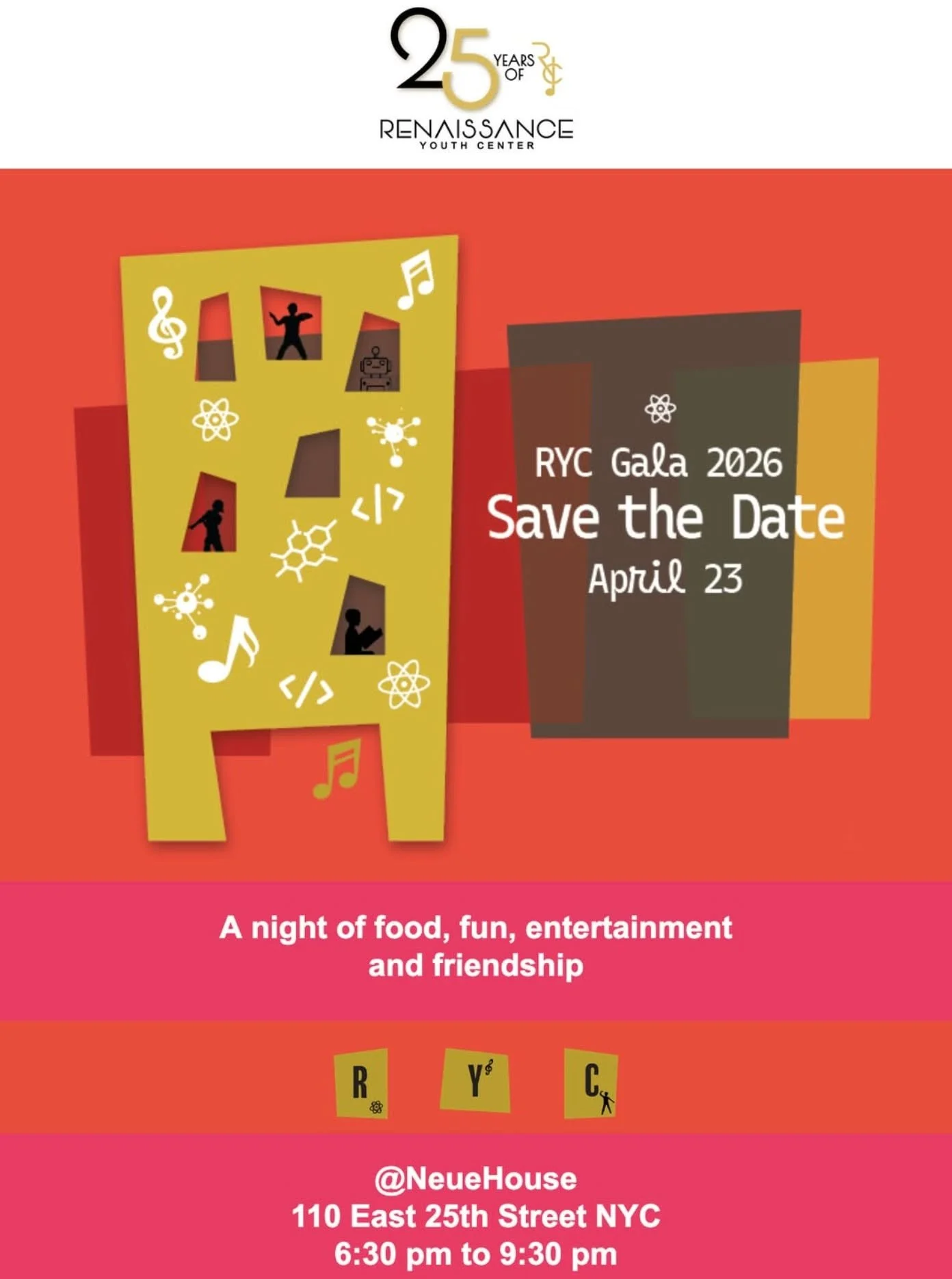 It&rsquo;s not too late to grab your tickets for the RYC 2026 Gala 

Join us on April 23rd from 6:30&ndash;9:30 PM at @NeueHouse for an unforgettable evening celebrating youth, community, and impact.

Come out, show your support, and be part of somet