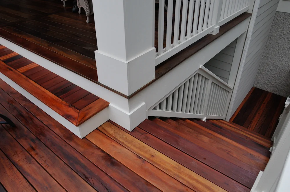 Haas Residence, Detail of Tigerwood steps and handrail .