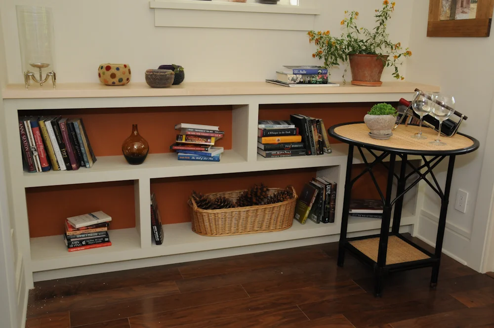 Bookshelves Adjacent to Daybed at Southern Living Idea Home Davidson Gap. Painted poplar with hard maple top.
