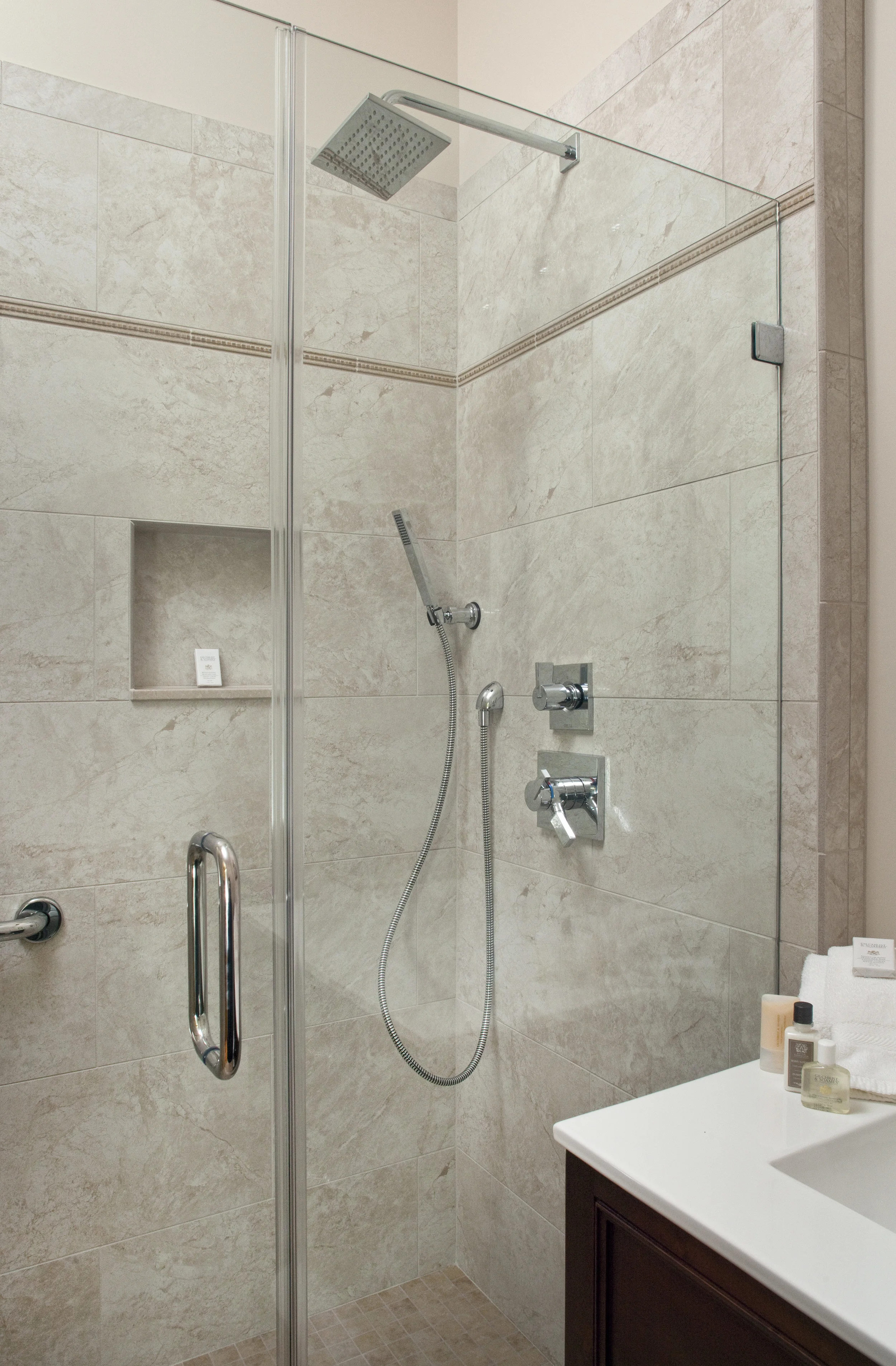 Porcelain tile shower in the Old Oak room at the Albemarle Inn, Asheville