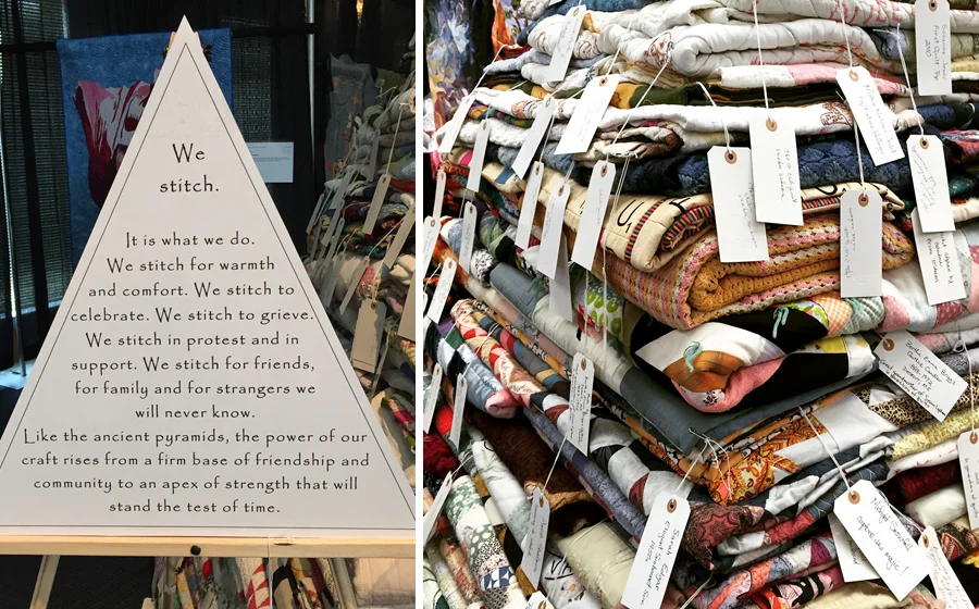    The Quilt Pyramid and its poignant description. The folded quilts were tagged with name and provenance and then folded and stacked into a huge pyramid near the center of the exhibit hall.