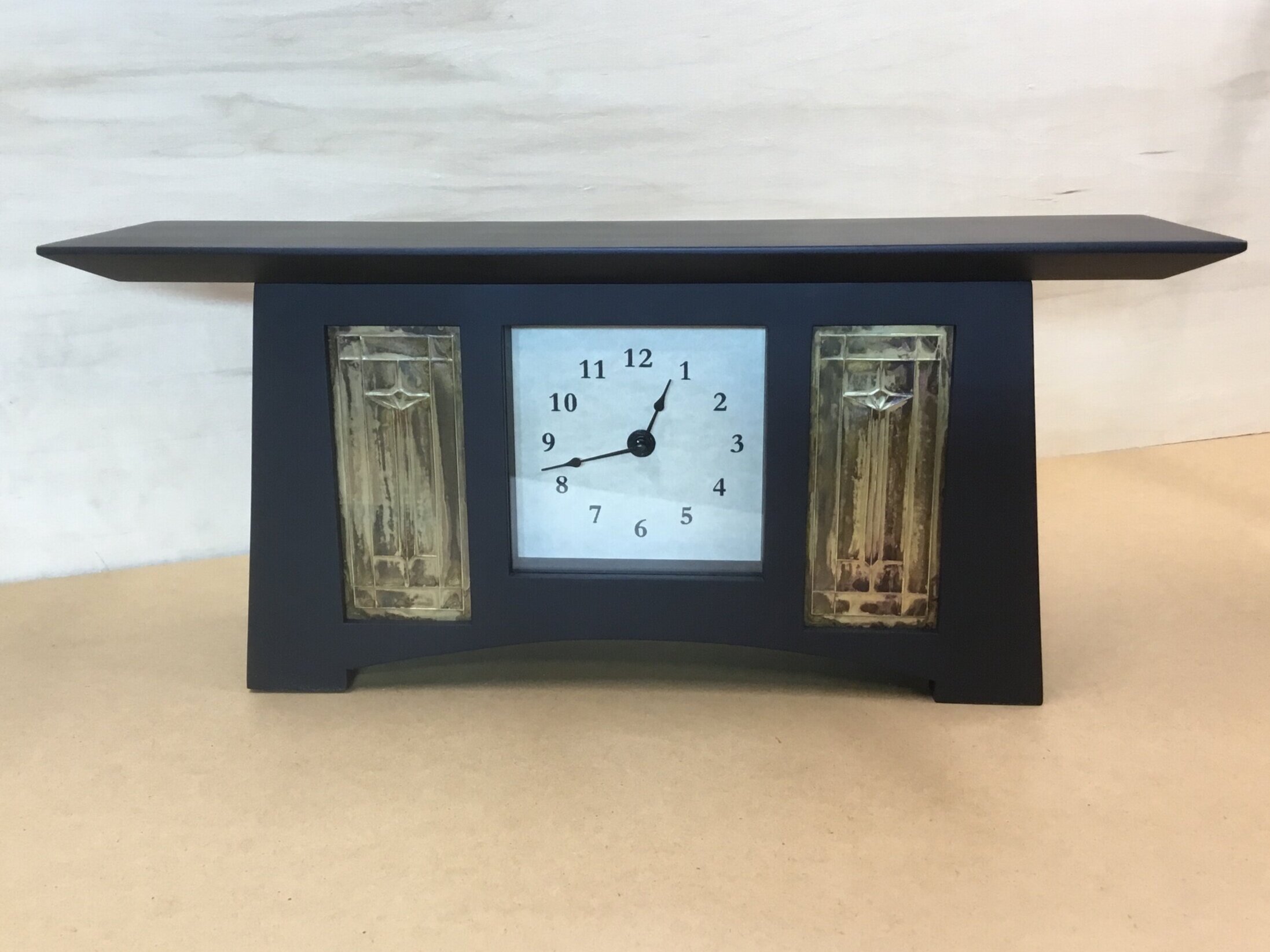 Pine Clock with 2 Aged, Embossed Brass Panels