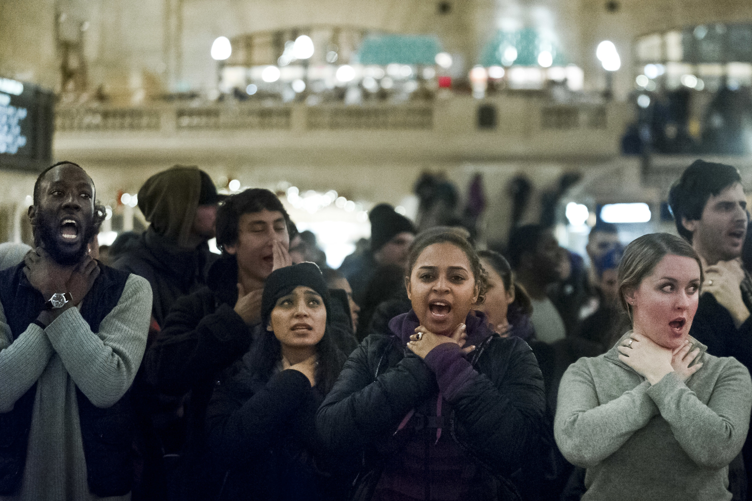  Protestors participate in a "choke-in" while chanting "I can't breathe" at Grand Central Terminal in protest of the grand jury's failure to indict officer Daniel Pantalero in the death of Eric Garner. 