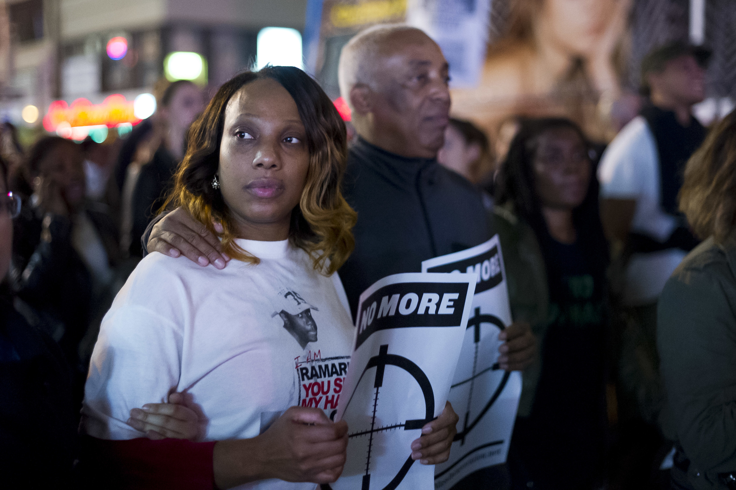  Constance Malcom, mother of slain teenager Ramarley Graham, marches with protestors through Manhattan. At larger events, special areas in the front of protests are occupied exclusively by family and friends of victims of&nbsp;Police violence. 