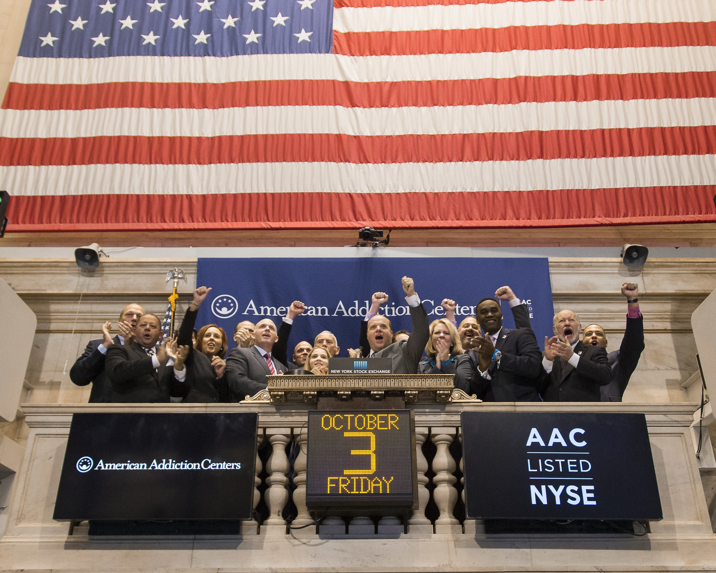  Employees and representatives of American Addiction Centers ring the Closing Bell. In addition to listed companies and celebrity appearances, the events schedule also includes non-profit and charitable organizations. 