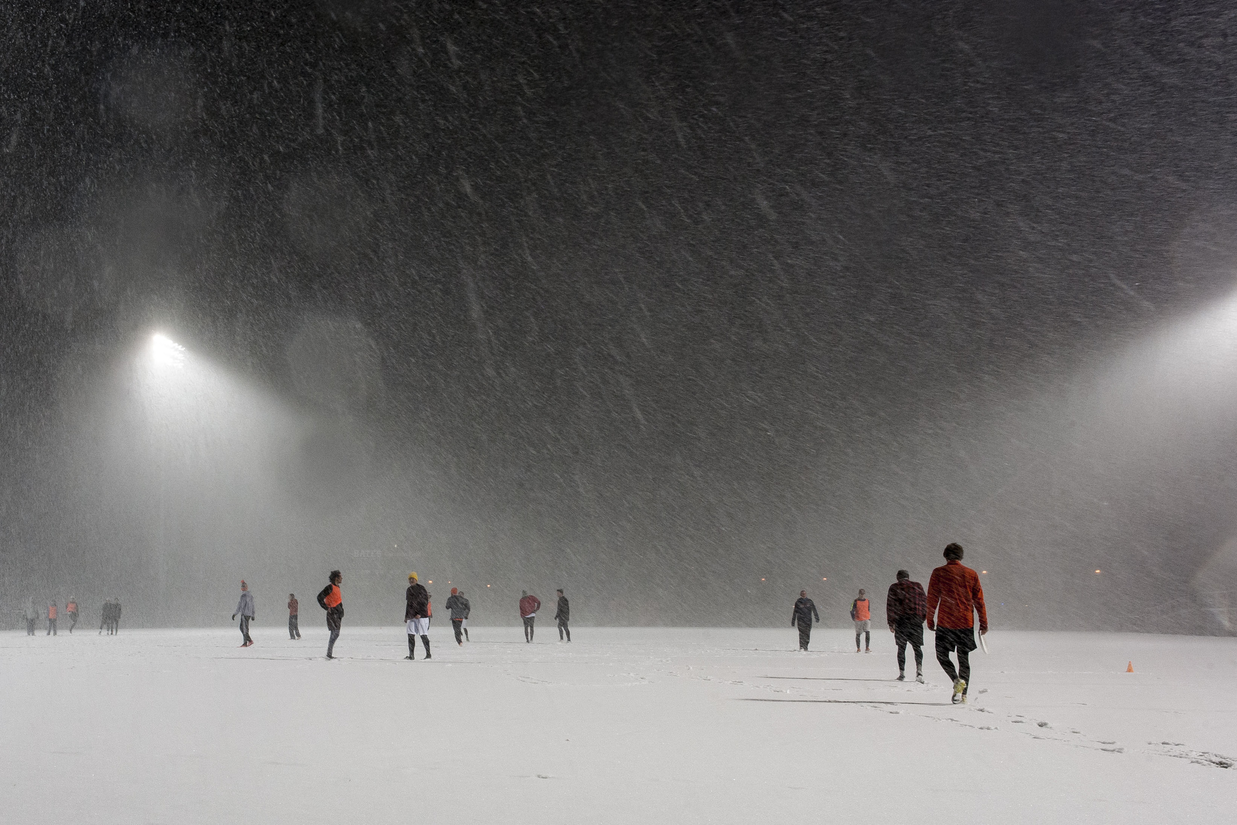  Bates Ultimate Frisbee practice is blanketed by an early spring snowstorm. 