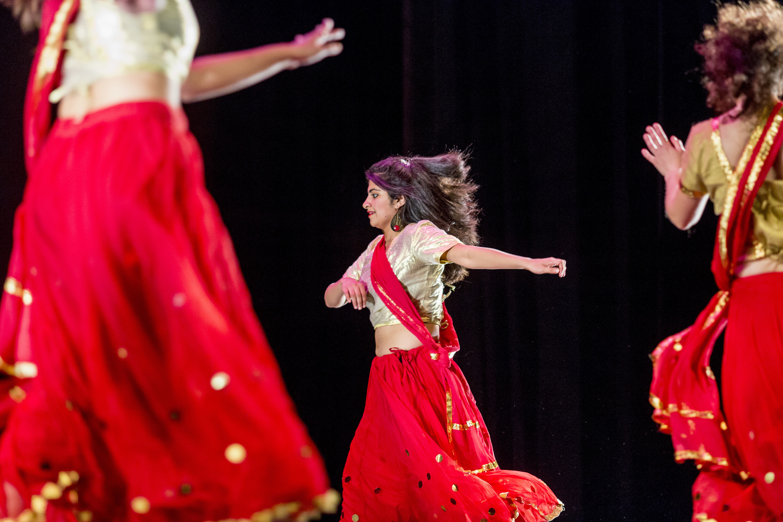 Samreen Fatima '16 of Karachi, Pakistan plays her part in the Bollywood Dance to cap off Sangai Asia Night at the Schaeffer Theatre.