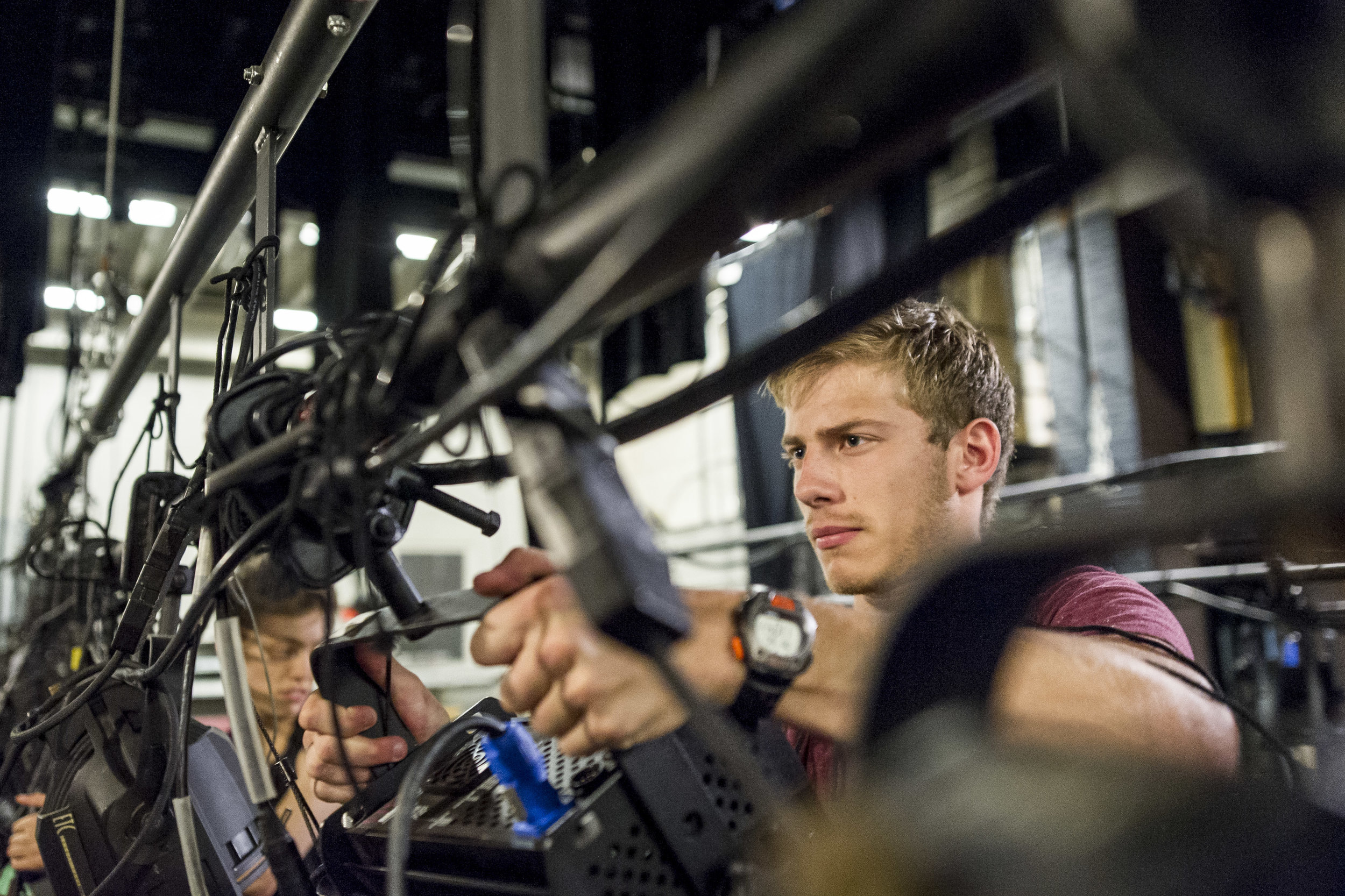  Jason Ross '19 fulfills his production duties on Monday August 1 2016 at the Bates Dance Festival. Ross is a chemistry major but has an interest in theater, and as a rising sophomore decided to jump in to a Technical Production internship with the D