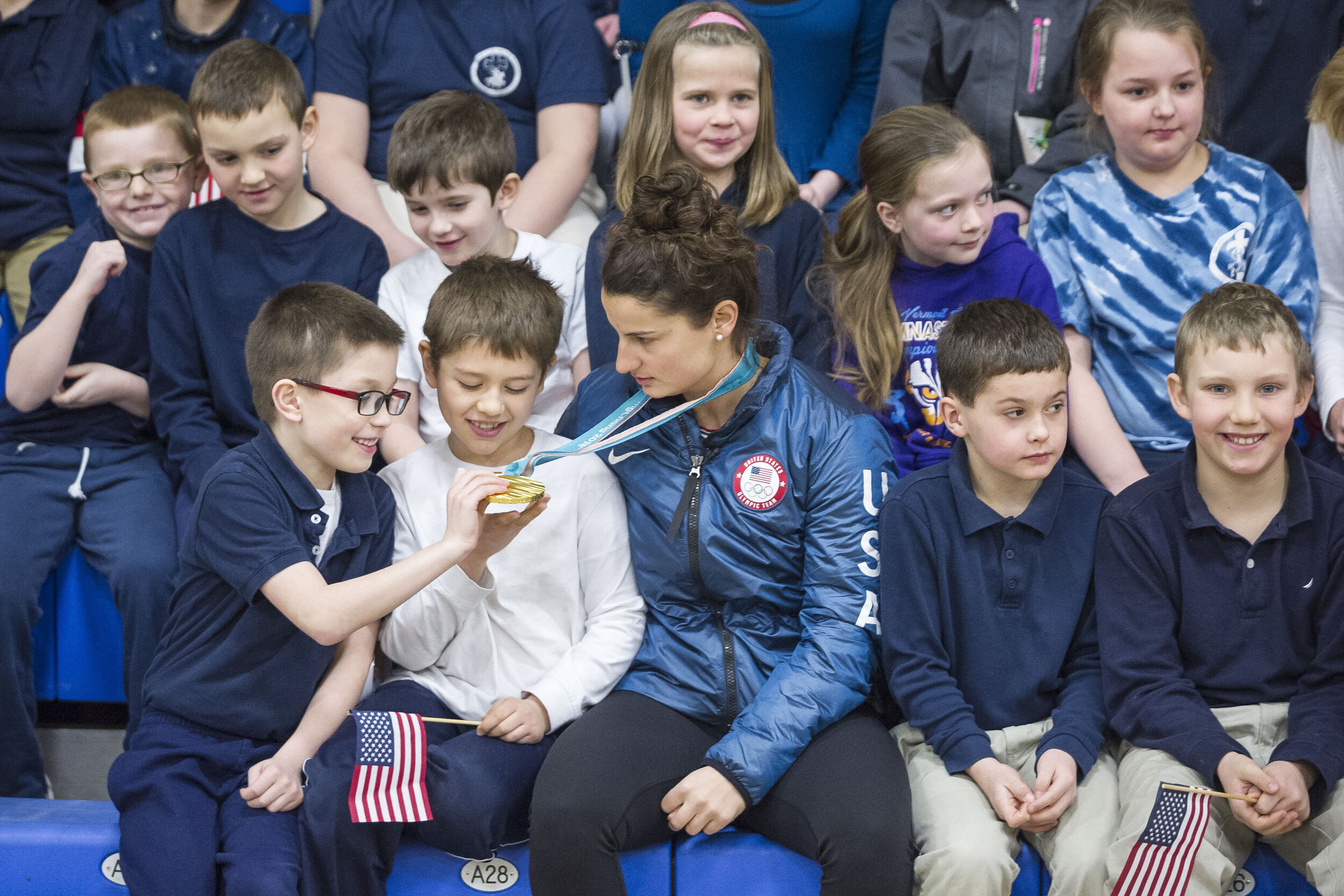  US Women's Hockey player Amanda Pelkey visits her alma mater, St. Monica school in Barre, VT on Monday, March 26th 2018 where students got an up-close look at her 2018 Olympic Gold Medal.      