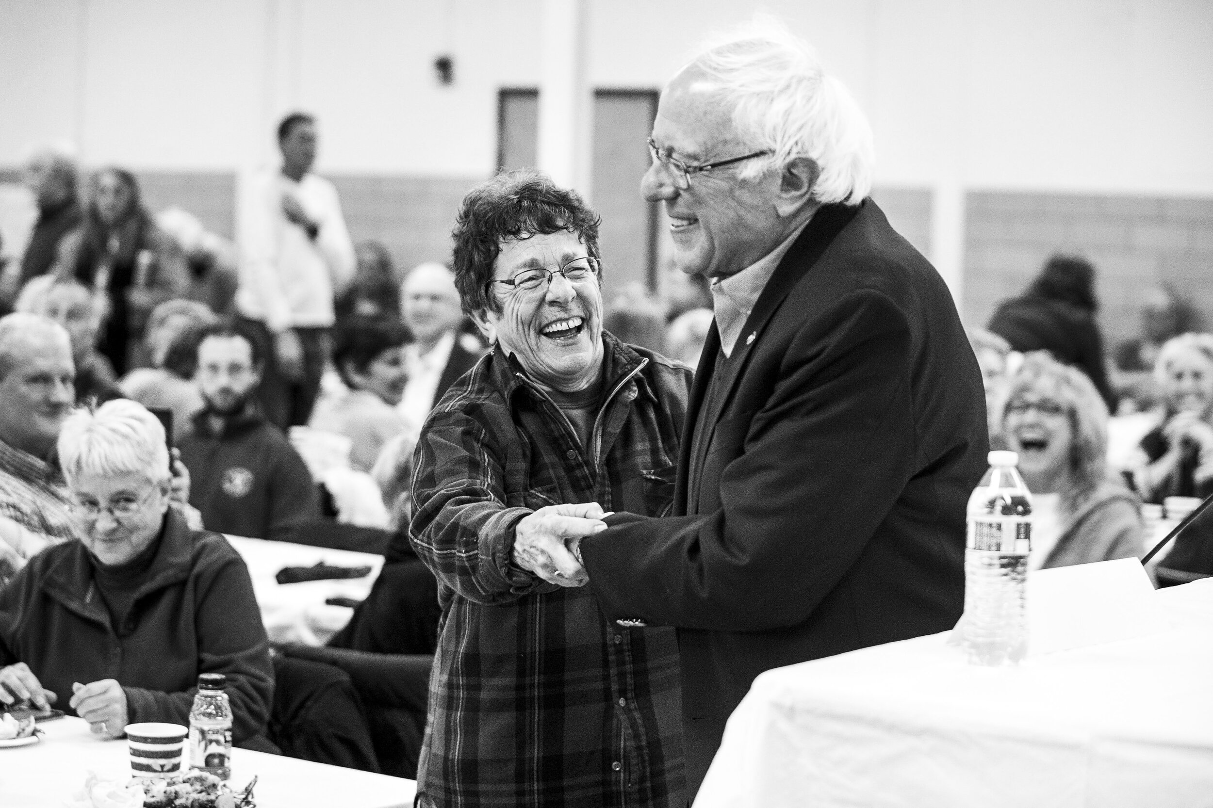  Sally DiCicco greets Sen. Bernie Sanders in a packed Montpelier High School cafeteria on Saturday, April 14th 2018 as the senator hosts a senior citizen town hall.     