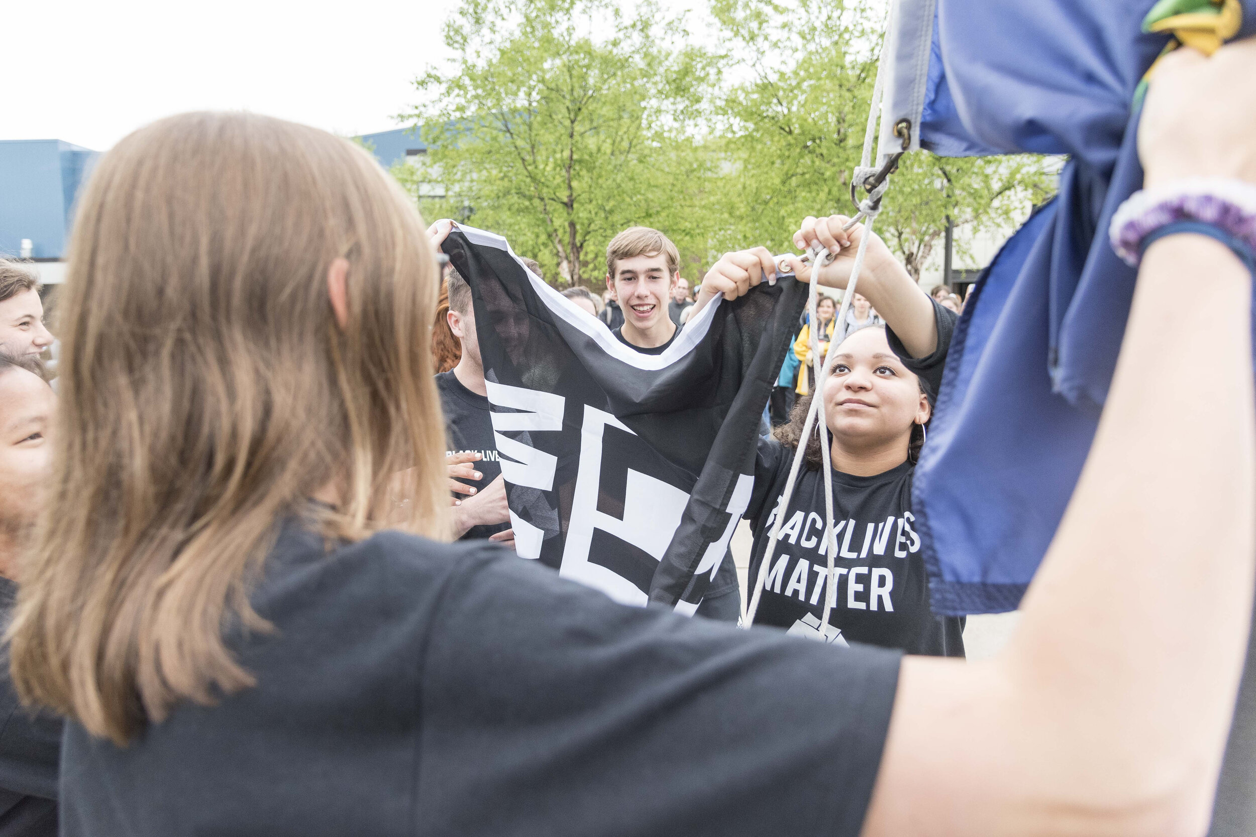  Latisha Montgomery leads the way on Monday, June 4th 2018 during a student-led ceremony to raise the Black Lives Matter flag on the U-32 Middle &amp; High School flagpole in Montpelier, VT.     