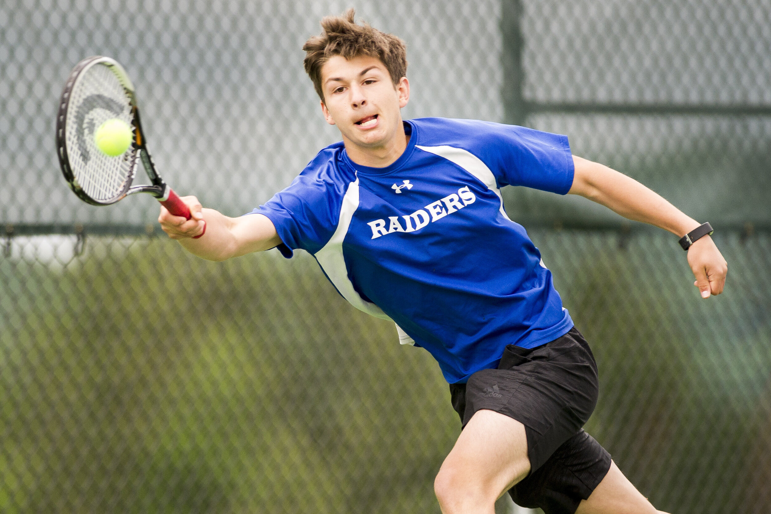  U32's Joe Franco returns a volley against Stowe on Tuesday, June 5th 2018 in Montpelier, VT.   