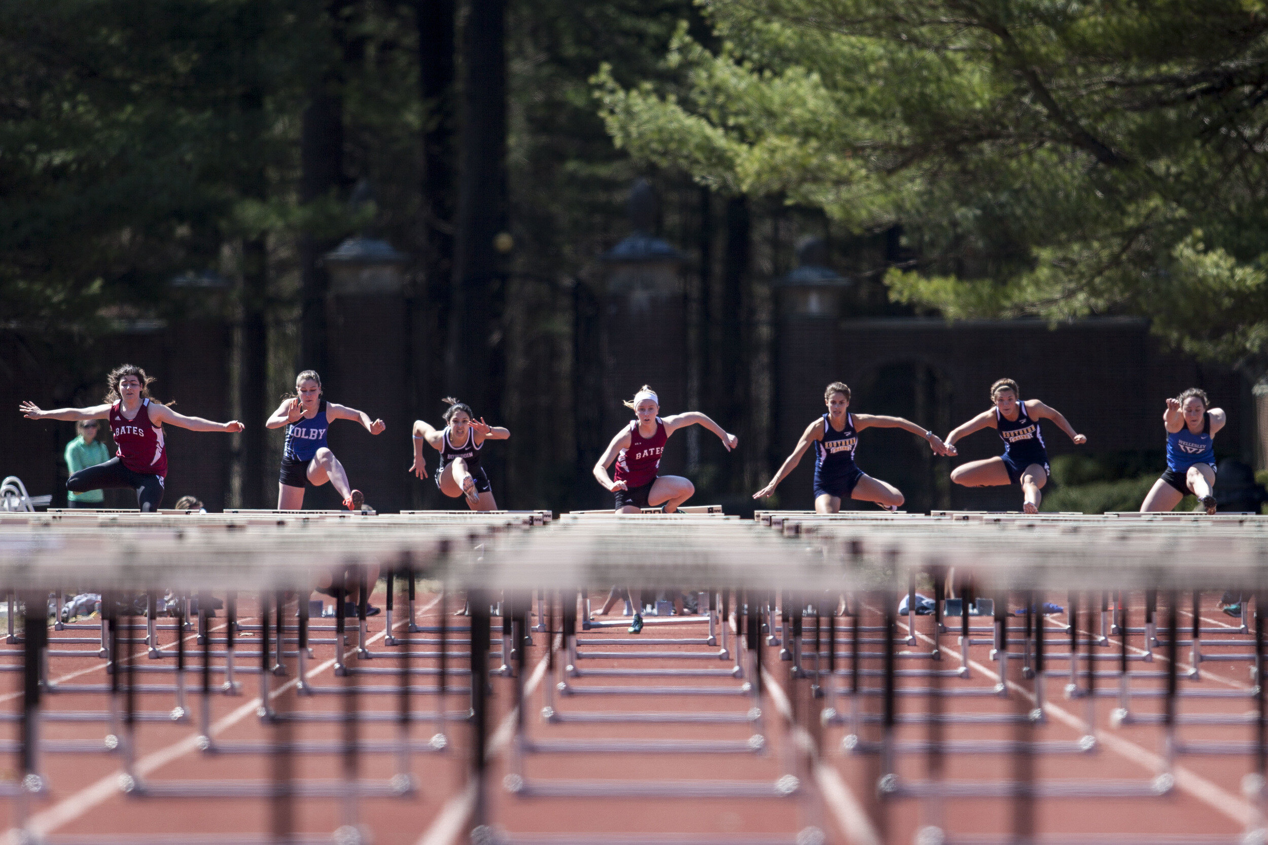  Hurdlers compete in the 27th annual Aloha Relays at Bowdoin College in Brunswick, ME on April 18th, 2015. 