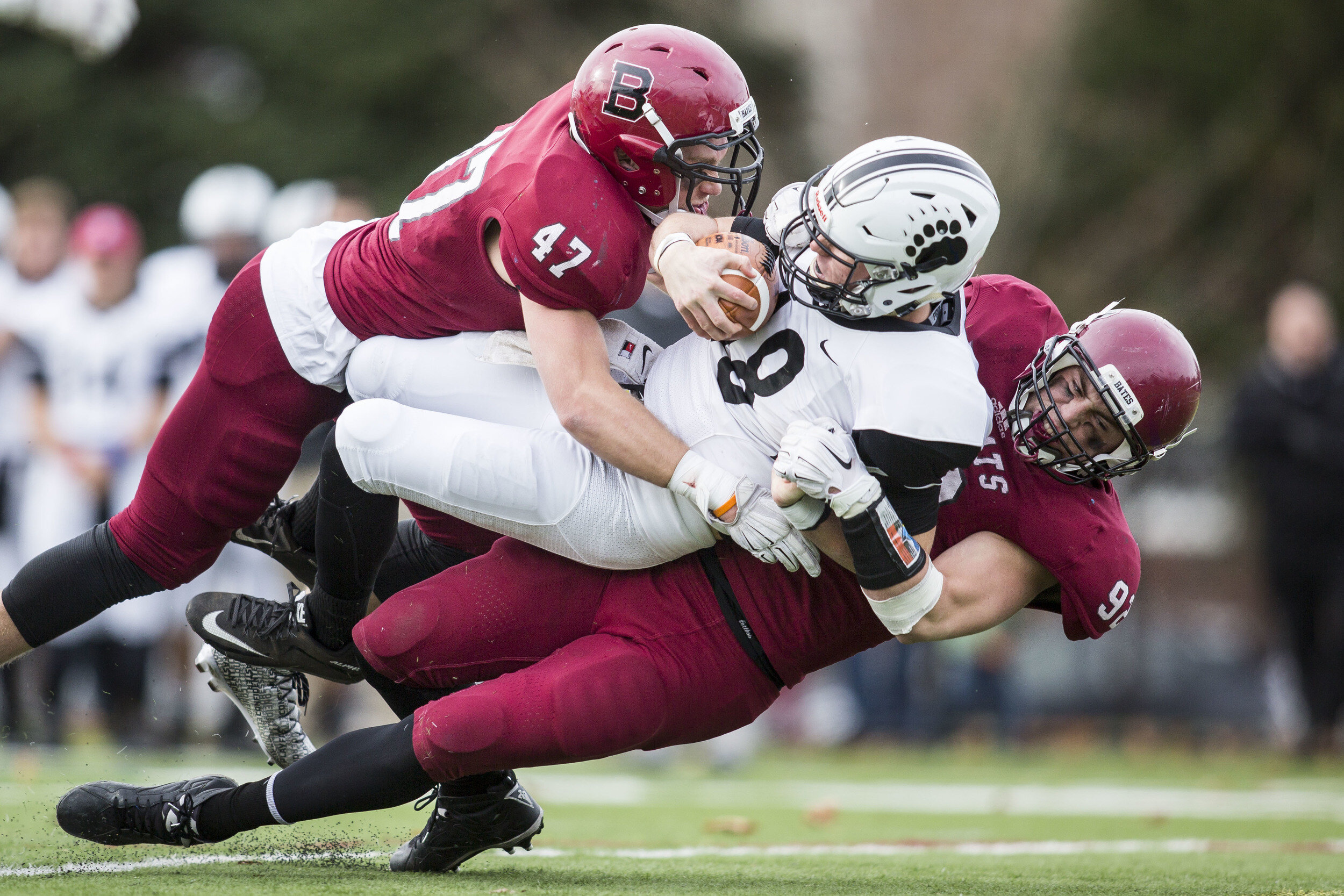  Bates College’s Max Breschi and Tucker Oniskey combine tackle quarterback Noah Nelson for a loss (and a fractured wrist) in Bates' 31-0 win over Bowdoin College on Nov. 7, 2015 in Lewiston, ME. 