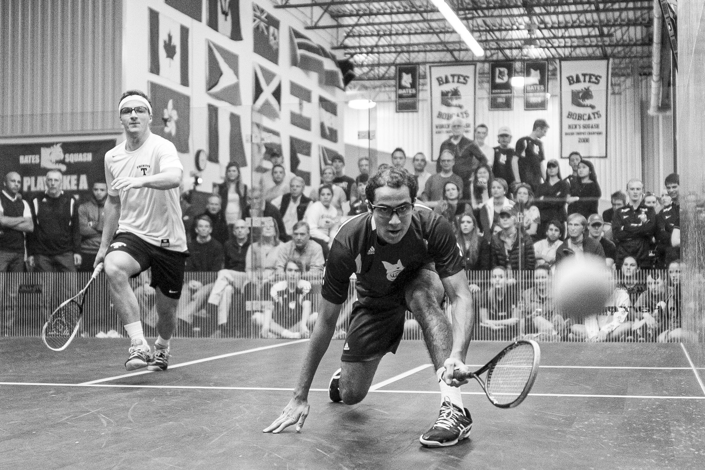  Bates College’s Ahmed Abdel Khalek battles with Trinity College’s Rick Penders at the Bates Squash Center in Lewiston, ME on Saturday, December 5th 2015. 