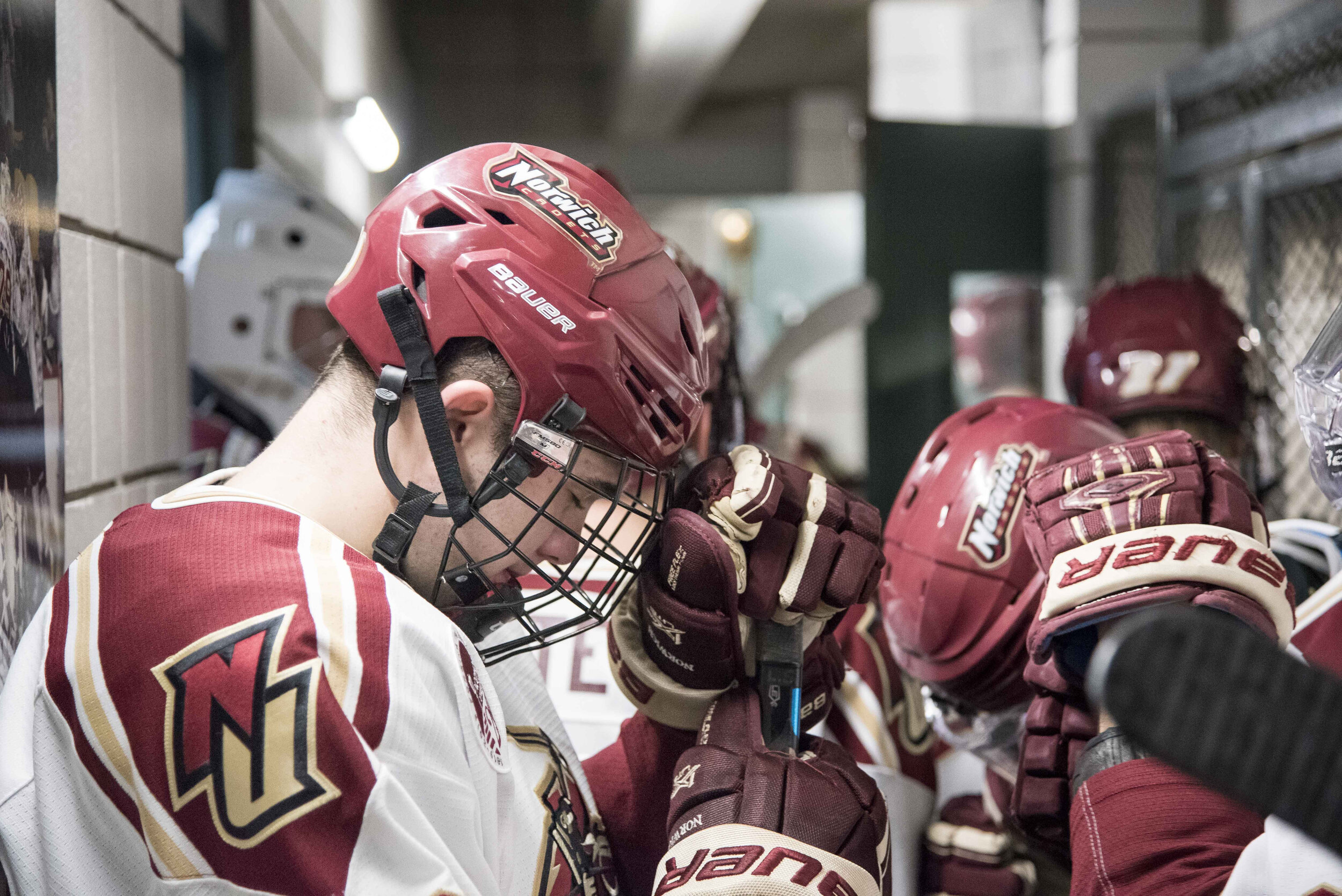  Norwich Cadets' Michael Korol pauses before the championship matchup of the 2018 Great Northern Shootout tournament with Middlebury College at the Kreitzberg Arena in Northfield, VT on Saturday, November 24th 2018. 