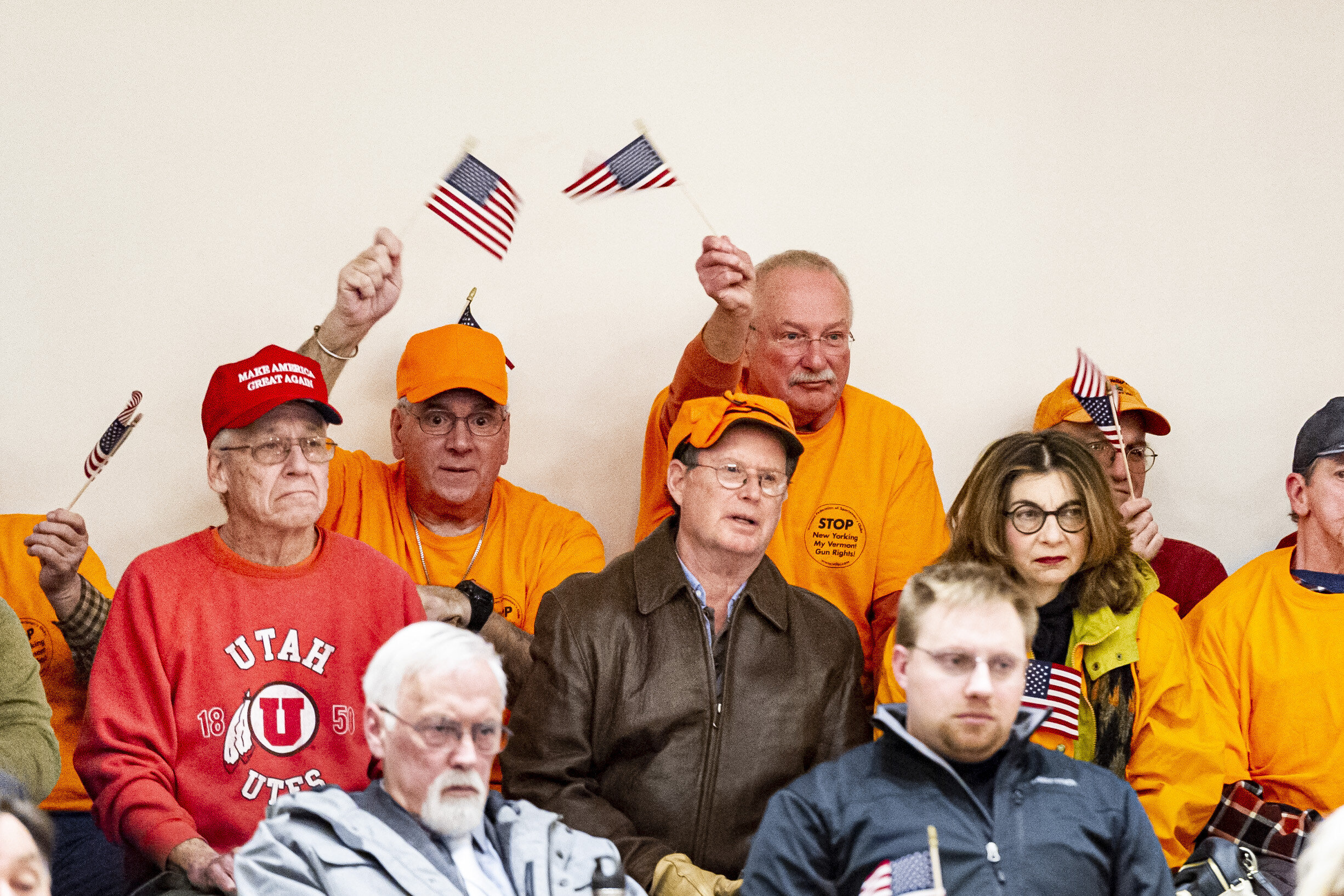  Opponents of the H.610 firearms and domestic violence legislation cheer on a speaker also opposed to the law during public hearings at the State House in Montpelier, VT on Tuesday, February 18th 2020. 