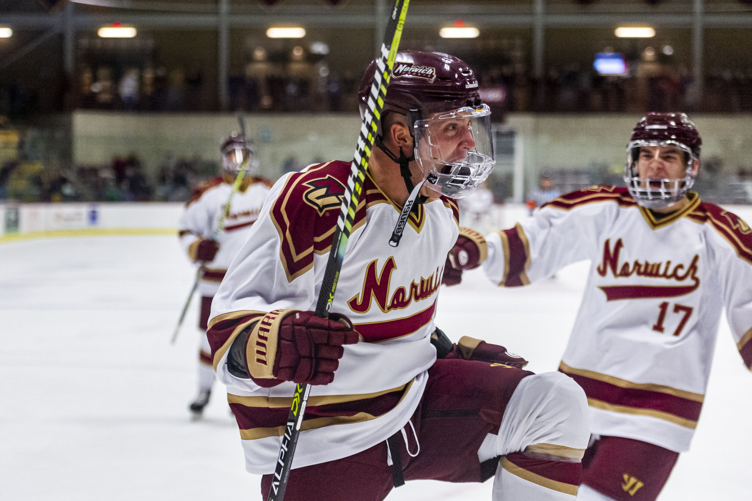  Norwich freshman forward Braedyn Aubin celebrates his first collegiate goal against the University of Southern Maine at the Kreitzberg Arena in Northfield, VT on Saturday, November 9th 2019. 