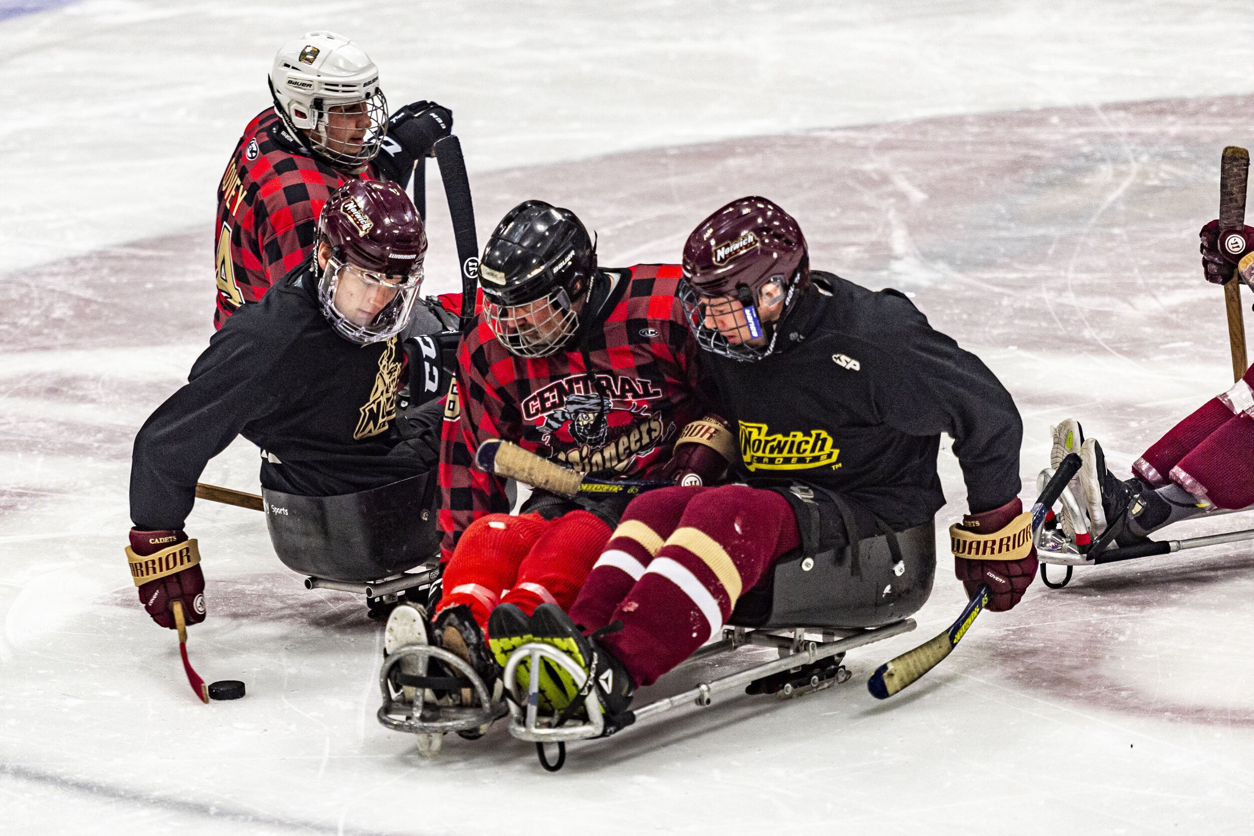  The Central Vermont Pioneers sled hockey team holds a practice with the Norwich University Mens’ Hockey team on Monday, December 9th 2019 in Northfield, VT.  