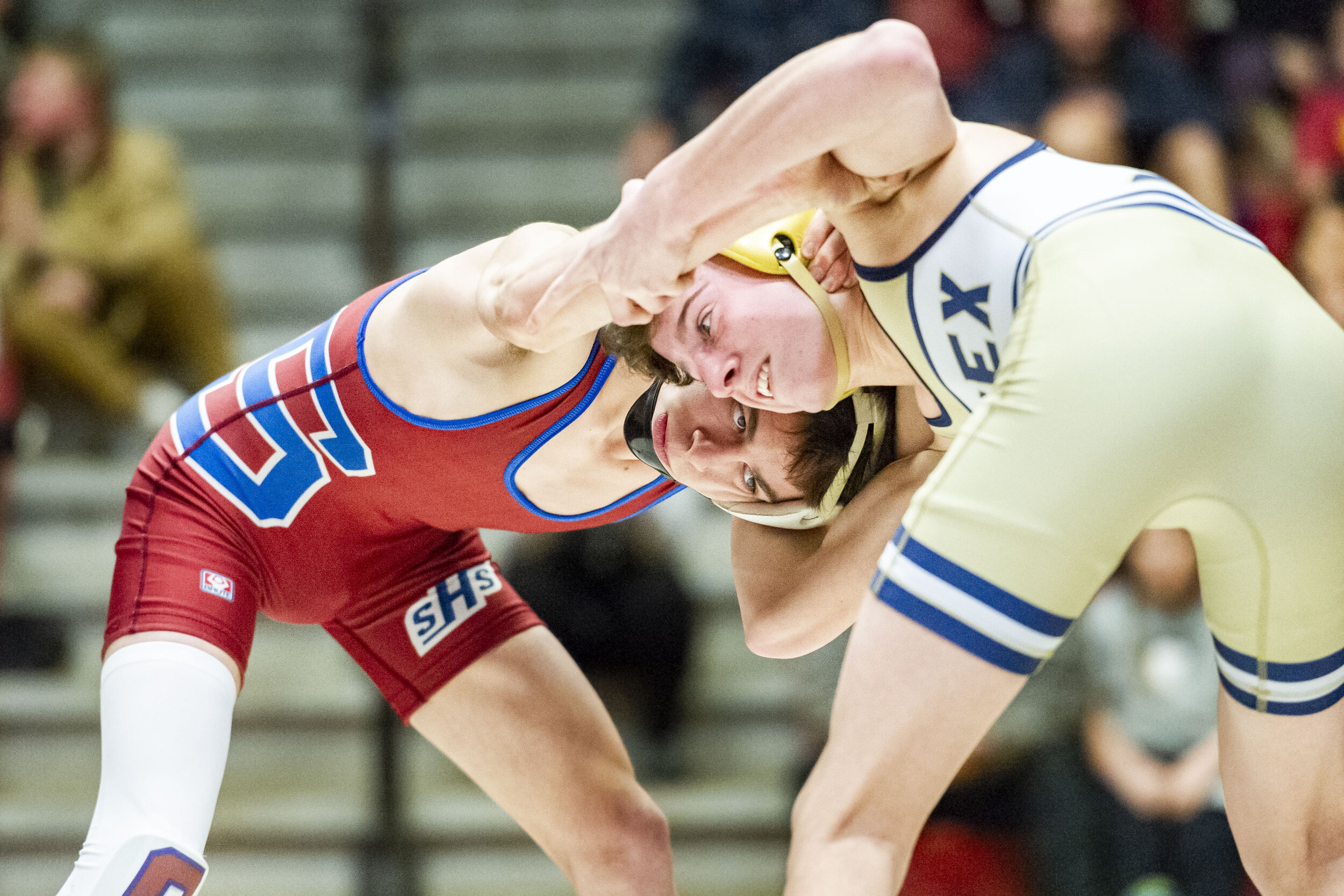  Spaulding High School senior Carter Dickinson, left, squares off with Christian Stygles of Essex, right, during a wrestling meet in Barre, VT on Tuesday, January 28th 2020. 