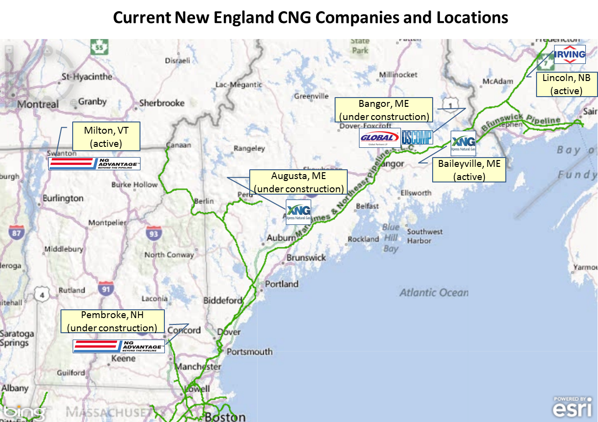 Base map from SNL Energy. Interstate natural gas pipelines shown in green. CNG compression facility locations are approximate.