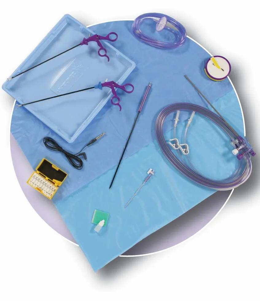 PS0521 Intermediate 1 x Ultimate Standard length 33cm Monopolar Scissors 1 x Ultimate Standard length 33cm Maryland Dissecting 1 x Ultimate Dual spike, tubing, handpiece with instrument 1 x Insufflation Filter & Tubing Set with Luer Lok fitting 1 x Camera Sleeve 1 x Fog Free Solution 1 x Monopolar Electrodes 5mm L Hook 1 x 8mm Connector for Monopolar Cable 1 x Sharps Safety Station, magnet/foam block med 1 x Veress Needle 120mm