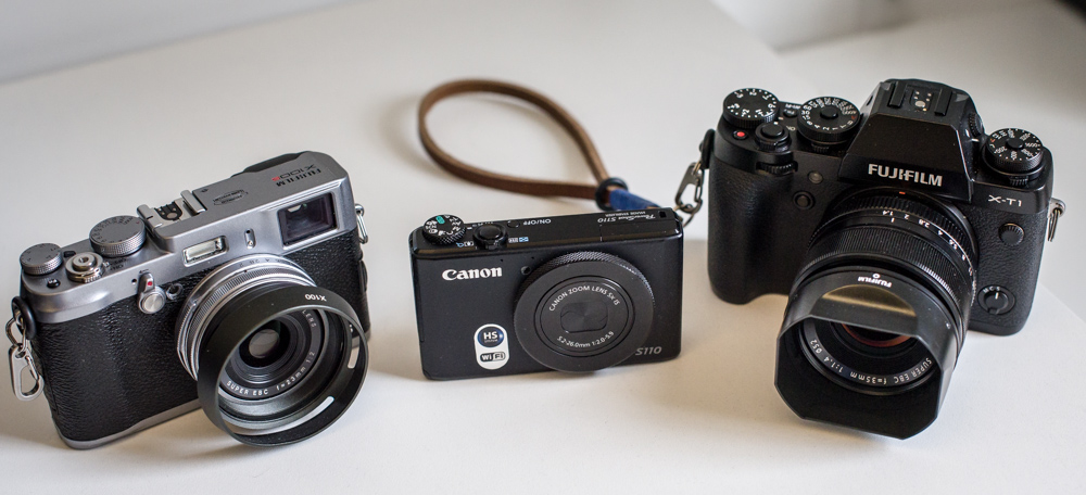 My current stable of personal use cameras: Fuji X100S, Canon S110, and the Fuji XT-1