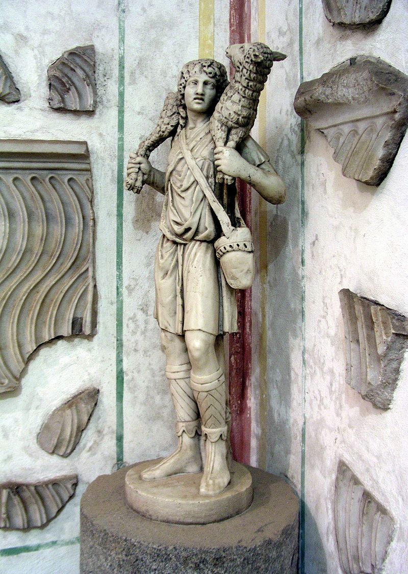 The Good Shepherd, c. 300-350, at the Catacombs of Domitilla, Rome By Dnalor 01 - Own work, CC BY-SA 3.0, under wiki common license