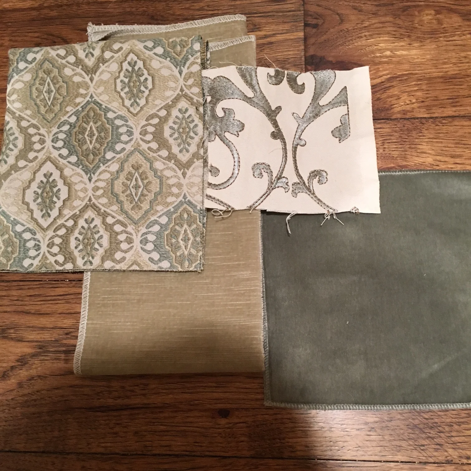 Hearth Room Fabrics - Patterned Chairs, Taupe Velvet Sofa , Embroidered fabric for Drapes/ Ottomans