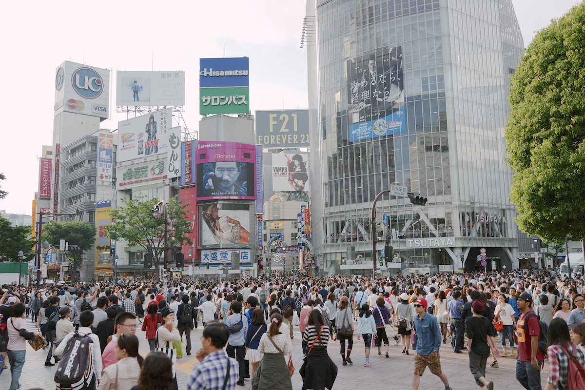 The Shibuya crossing at day.
