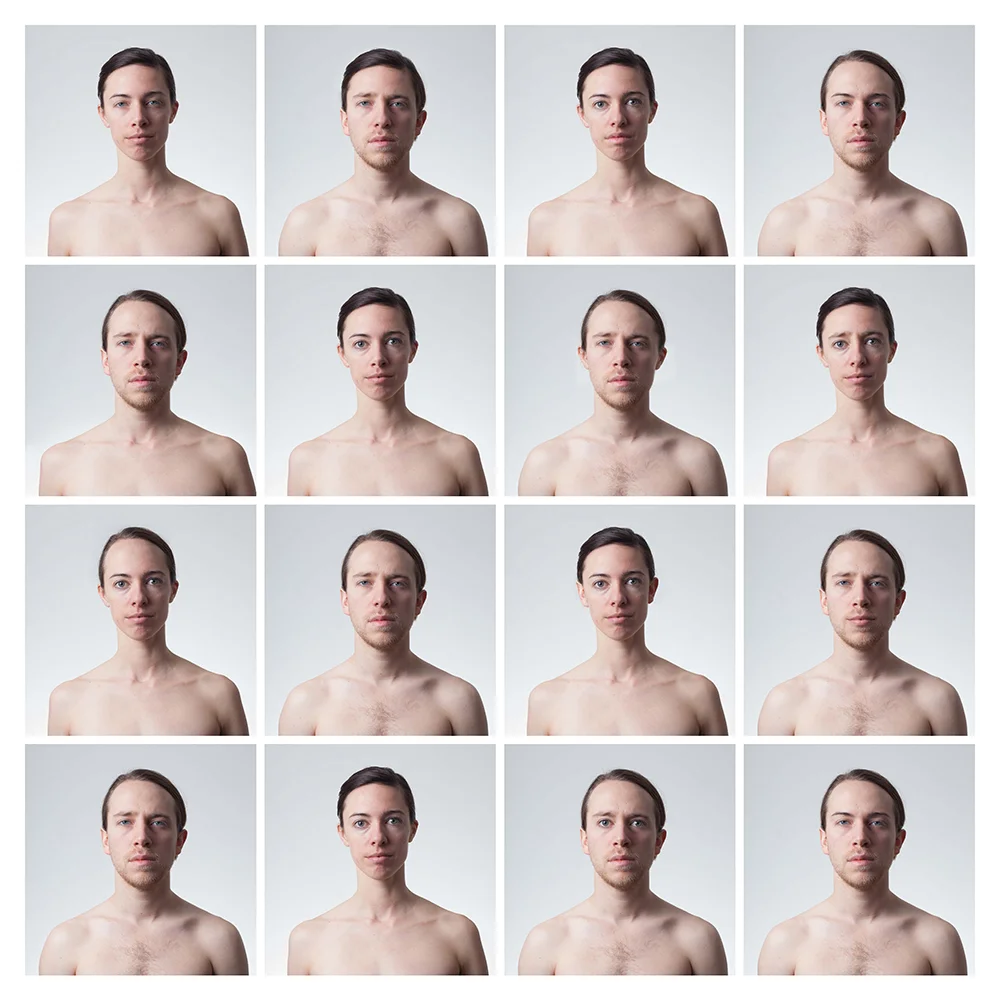 The Lovers, 2016, inkjet prints on velvet rag, 78 x 78 inches This project is a series of digital photographs of the artist and her husband, digitally altered to swap facial features between the couple. © 2016 Emily Burns. All Rights Reserved.