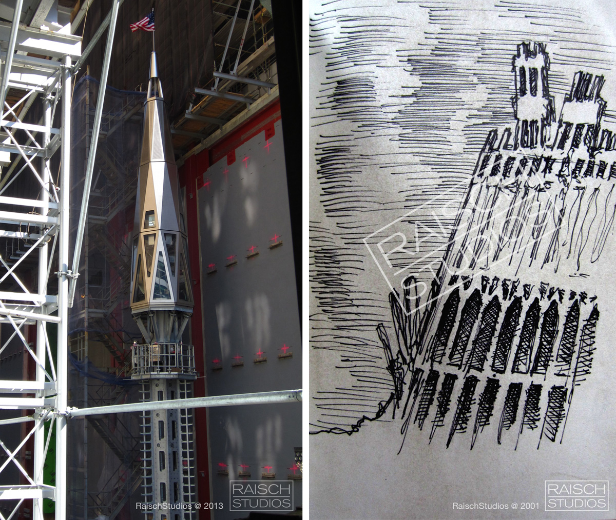 Left: The Spire of One World Trade Center, 2013 - Right: The ruins of the North Tower, sketched in 2001 © RaischStudios