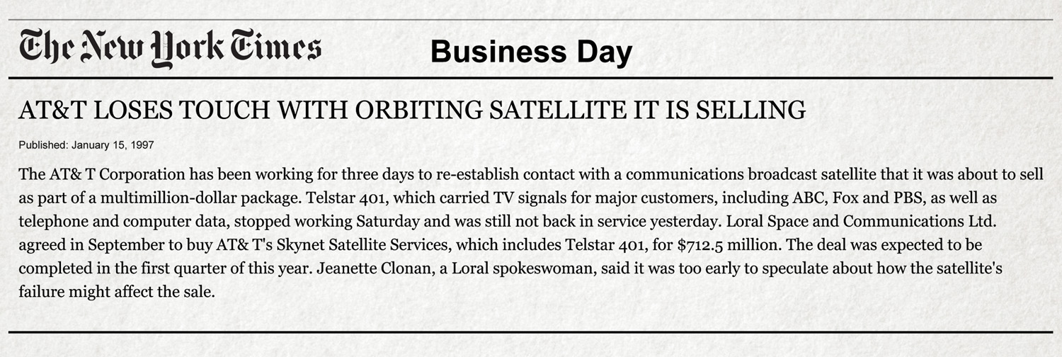 The New York Times 1997 report on the loss of Telstar 4
