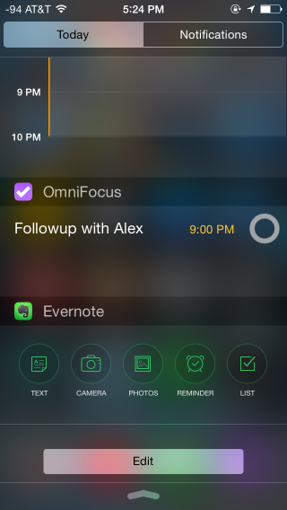 OmniFocus and Evernote widgets in the "Today" view