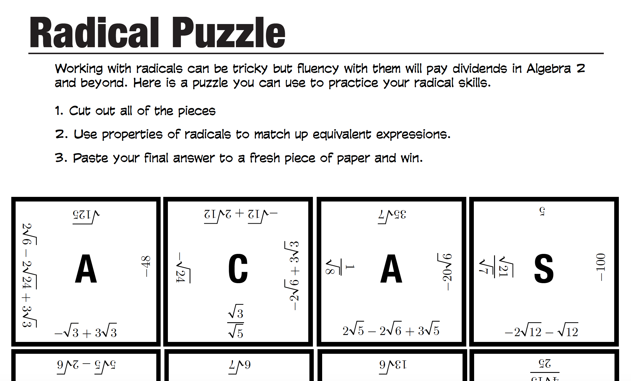 Radical Puzzle — roybot Throughout Operations With Radicals Worksheet