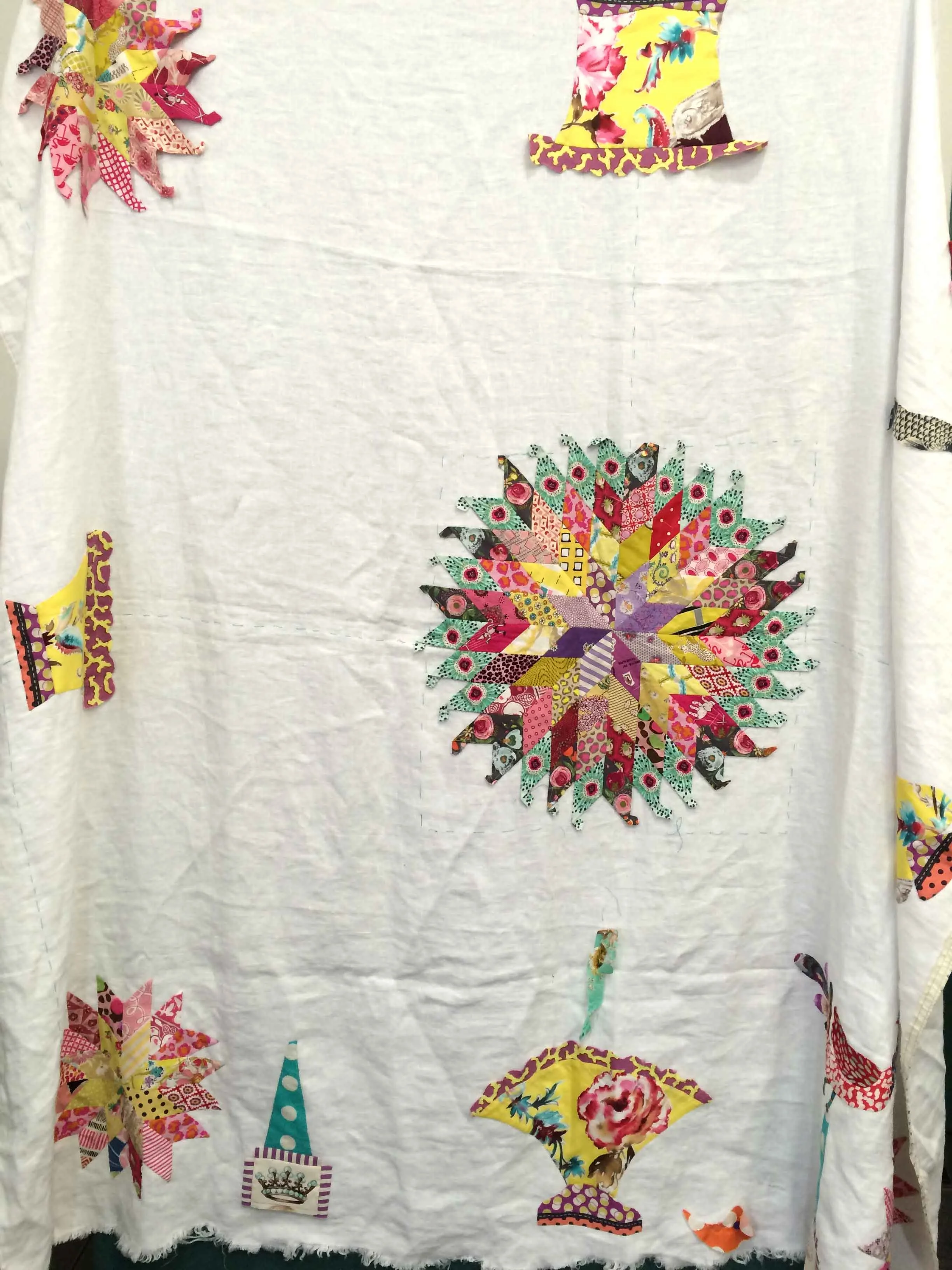 The beginning of another quilt top on a whole cloth piece of linen (beautiful).