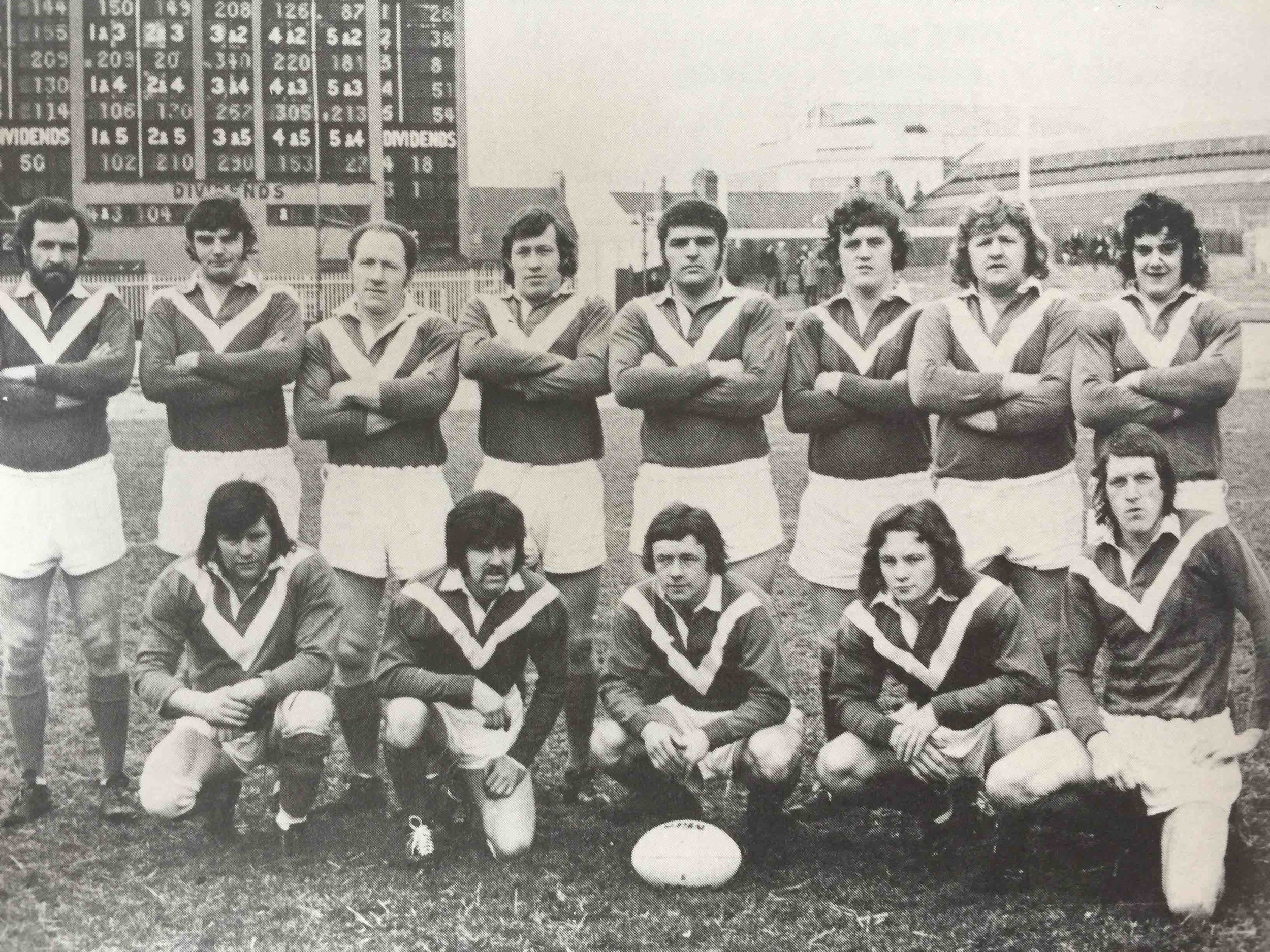 Roger Millward, with ball, captains the 1973-74 Hull KR side.