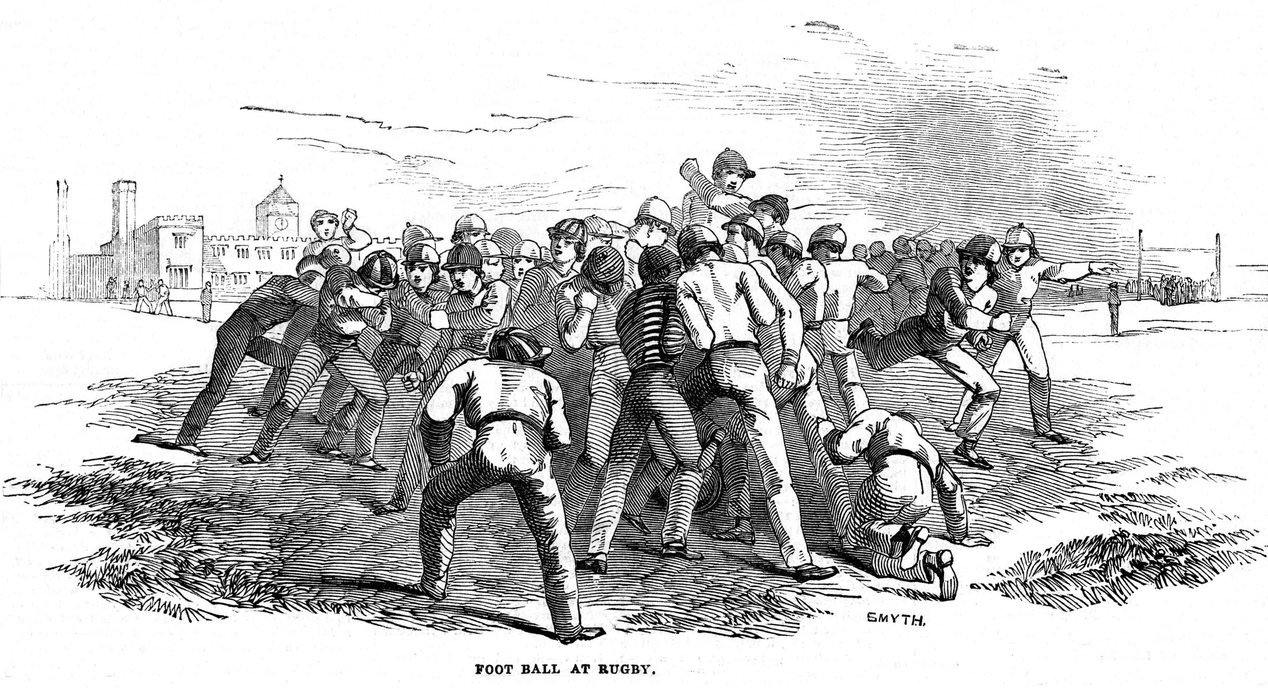 A scrummage at Rugby School in the 1840s.