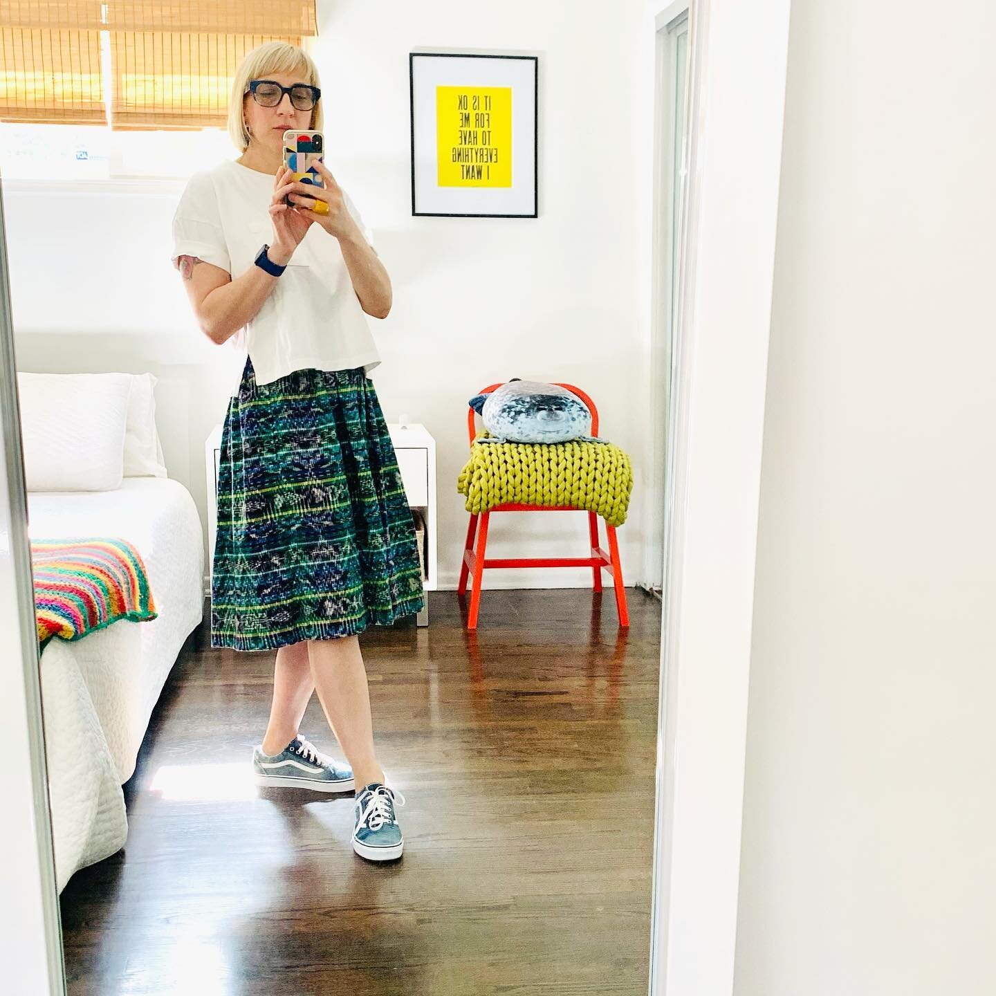 today: a self-drafted #dirndl made from thrifted hand-woven Guatemalan (I think?) yardage.  paired with a boxy @mujiusa tee shirt and indigo dyed @vans (i am a sneakerhead). these types of photos bring me back to my #wardroberemix days, it&rsquo;s ki