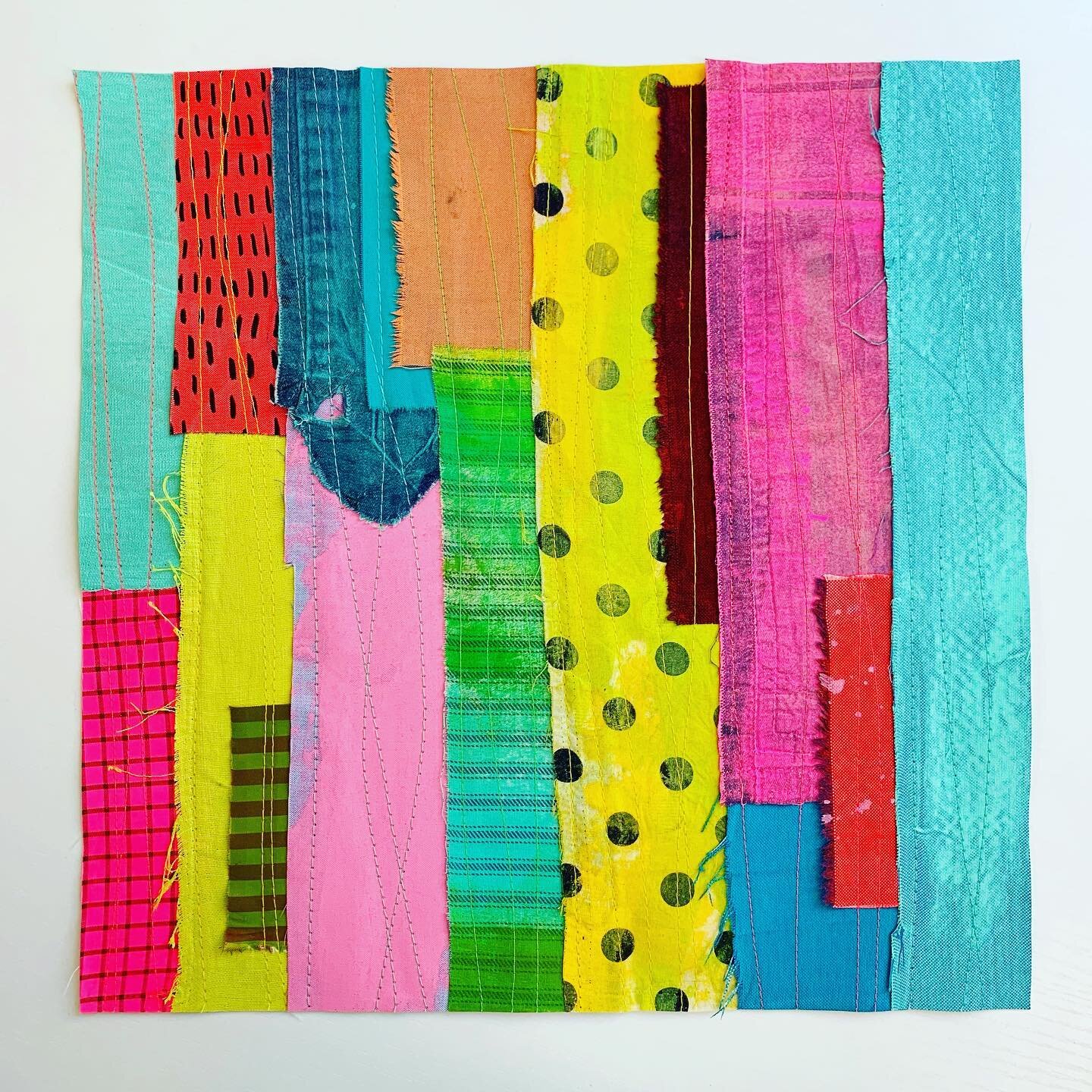 yesterday&rsquo;s textile collage, sewn.  yesterday was the first time i have sat in front of my sewing machine for roughly a month and it was weird and i feel super rusty.
.
.
.
#textilecollage #textiles #textileart #textileartist #recycledmaterials