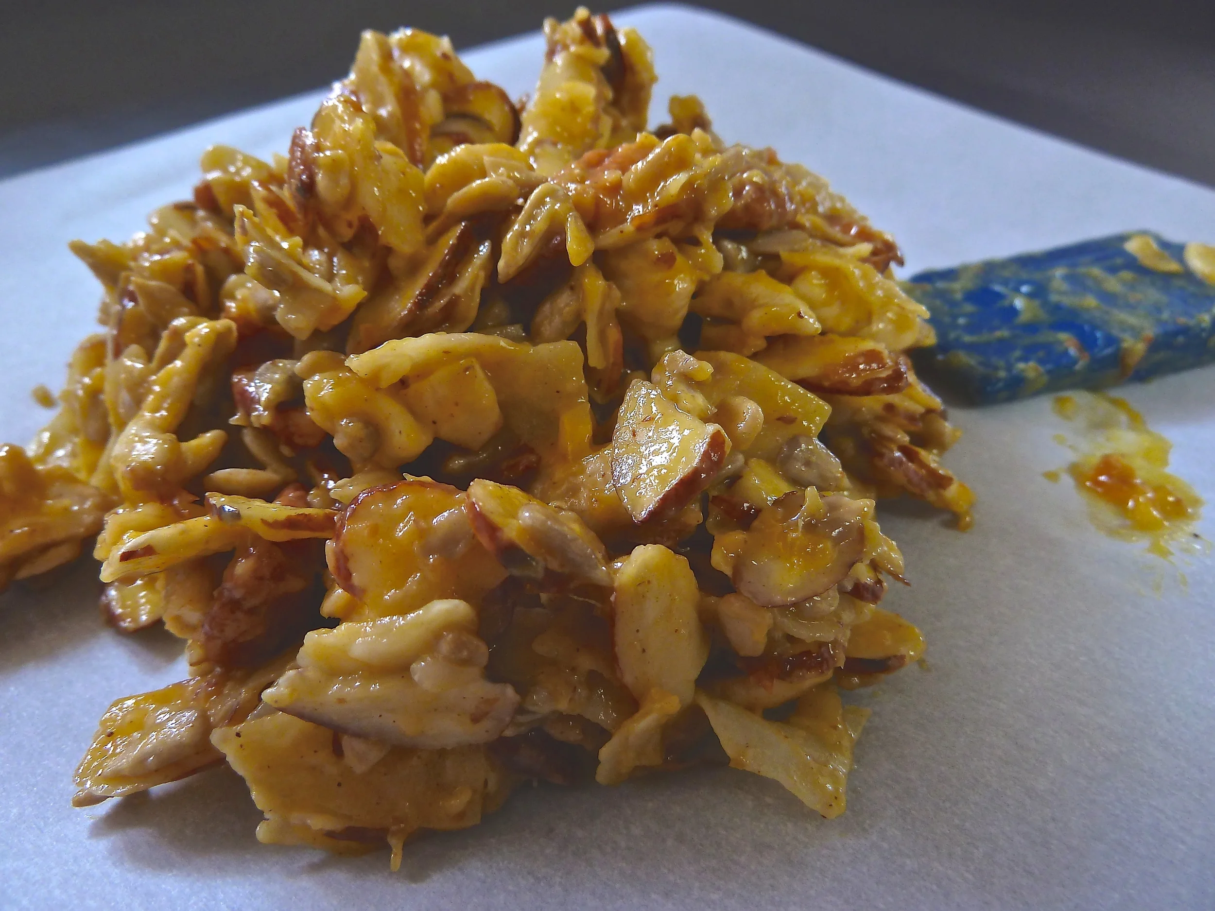The mixture's pretty sticky but the low heat and careful mixing should give it an even, baked finish.