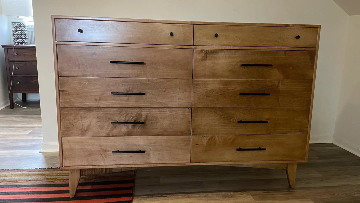 Midcentury modern style dresser build I finished recently. This was one of the bigger projects I&rsquo;ve done so far. Maple and birch with an early American stain and a lacquer spray finish.